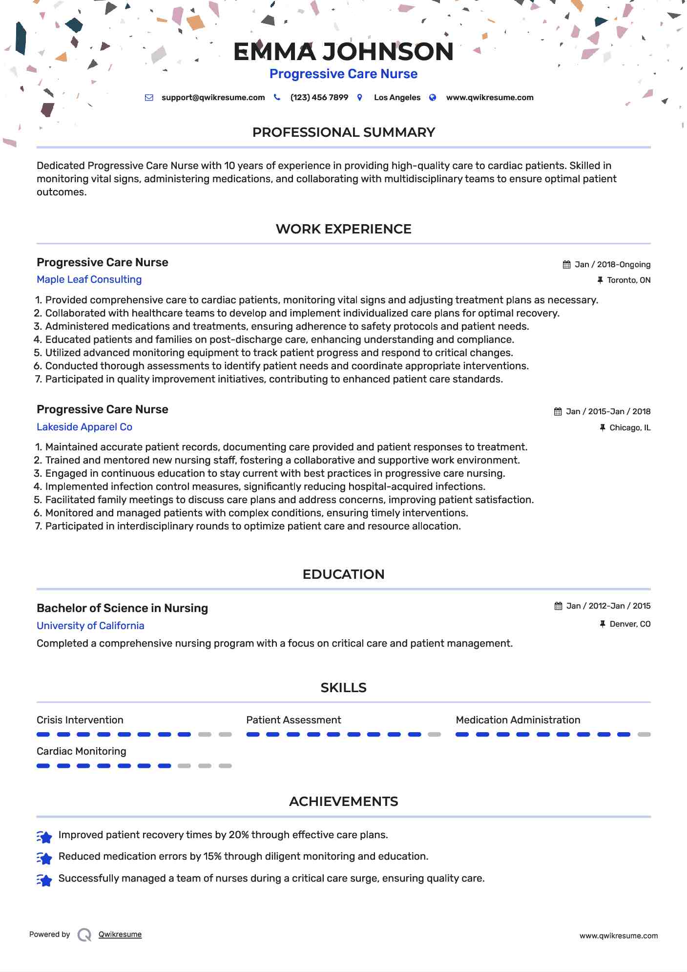 Progressive Care Nurse Resume Model