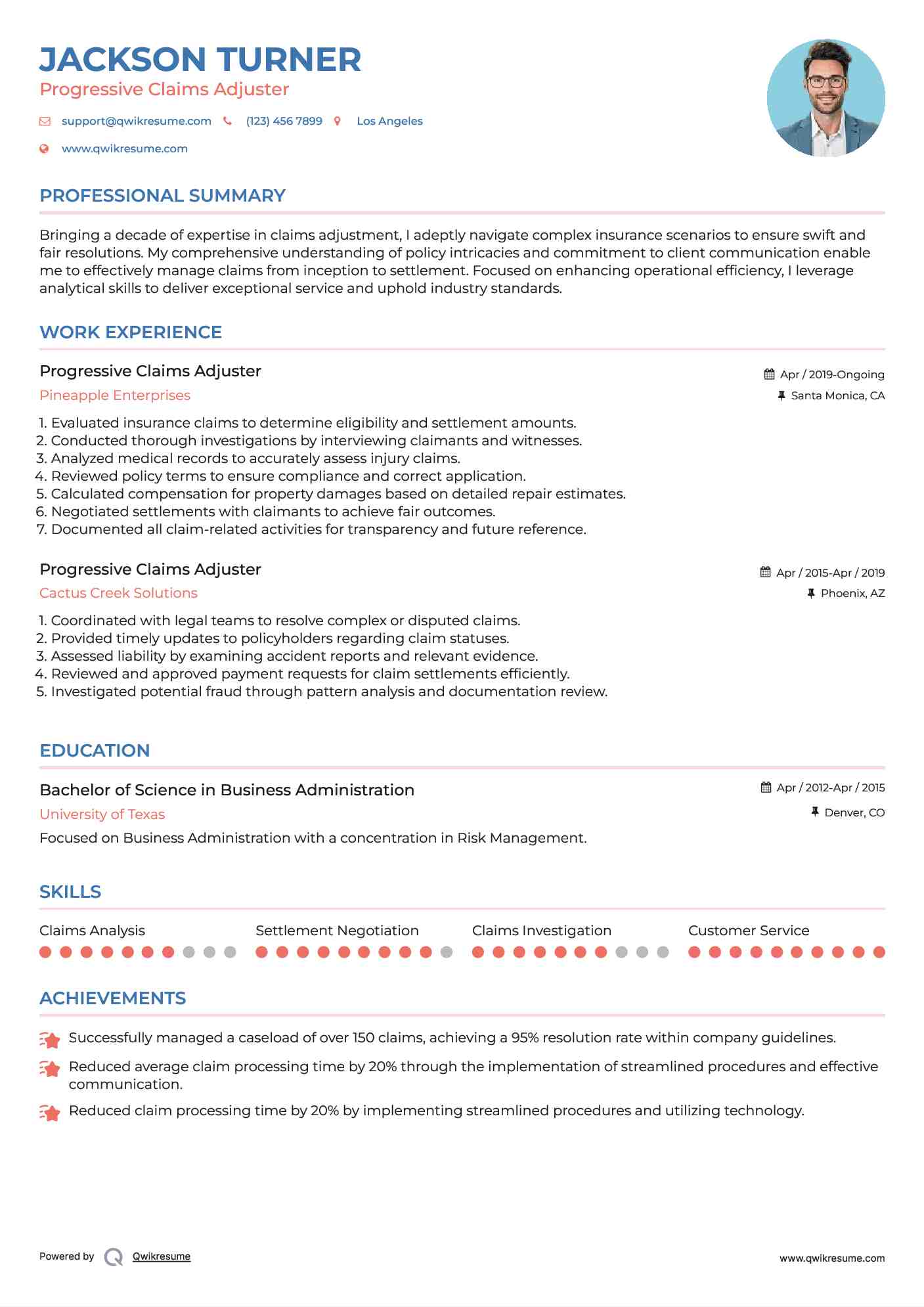 Progressive Claims Adjuster Resume Model