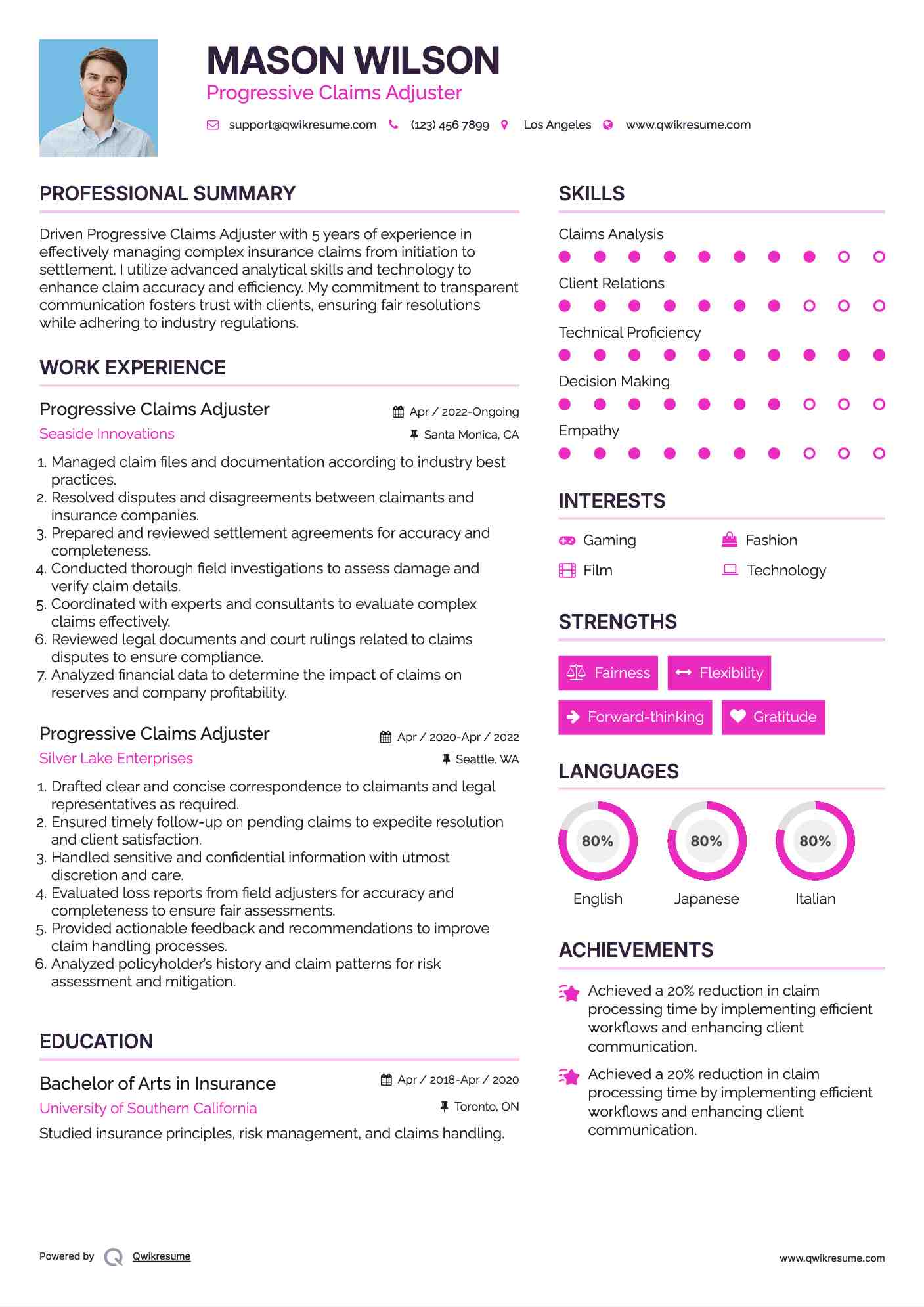 Progressive Claims Adjuster Resume Template