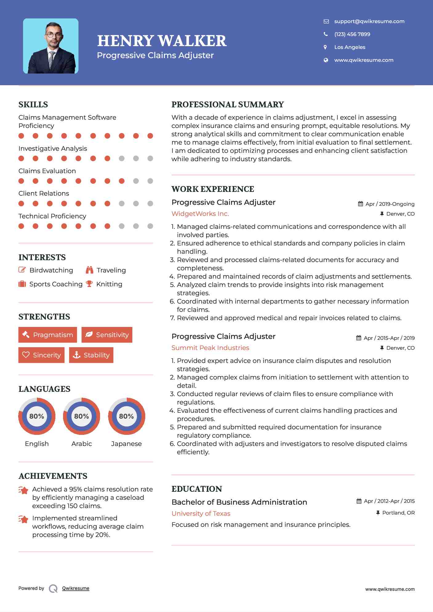 Progressive Claims Adjuster Resume Example