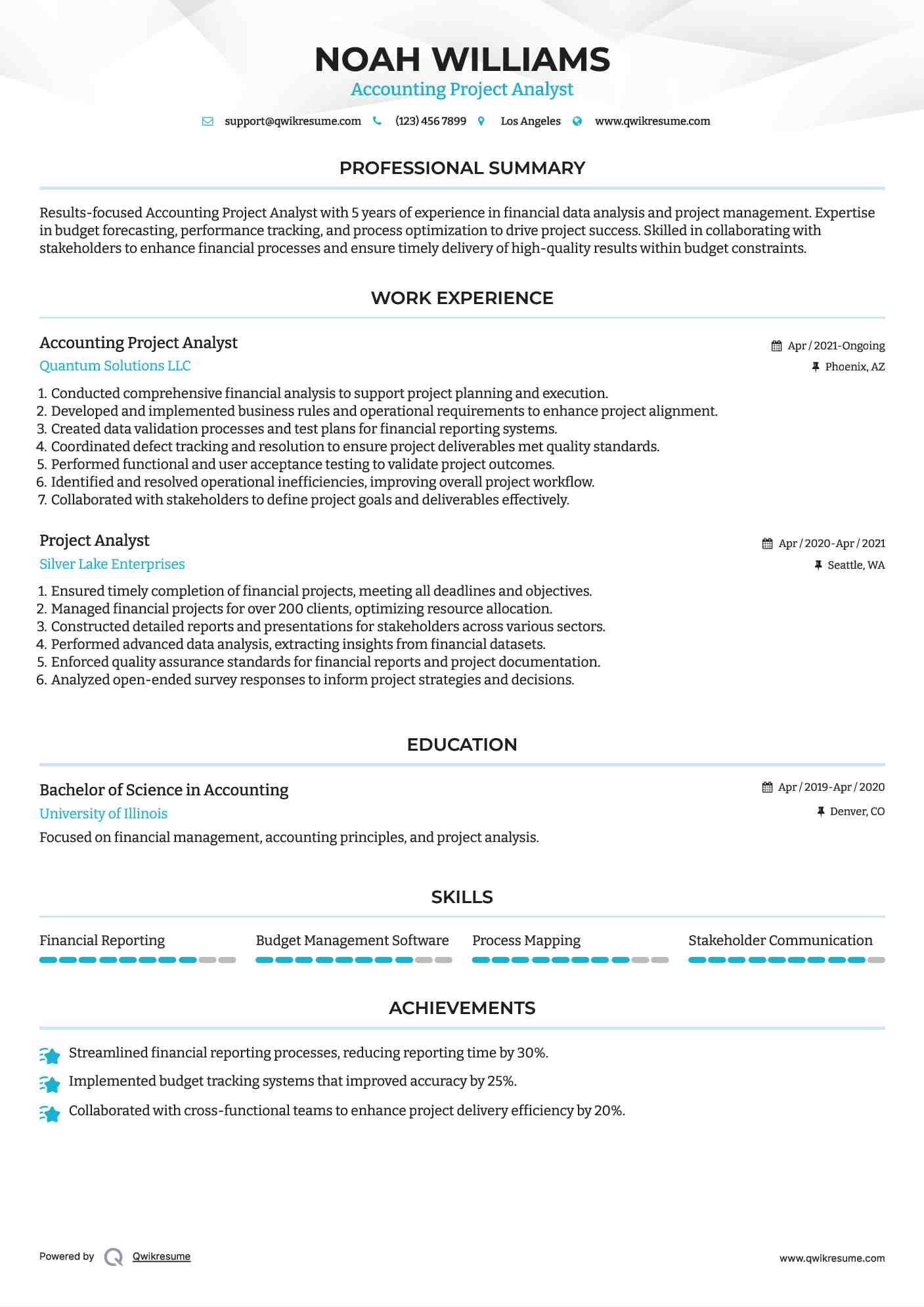 Accounting Project Analyst Resume Example