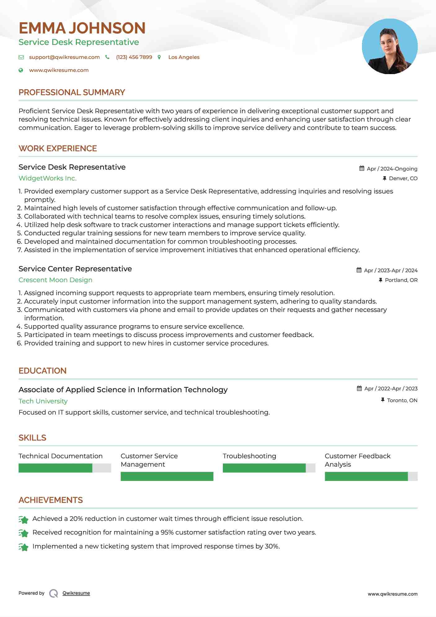 Service Desk Representative Resume Template