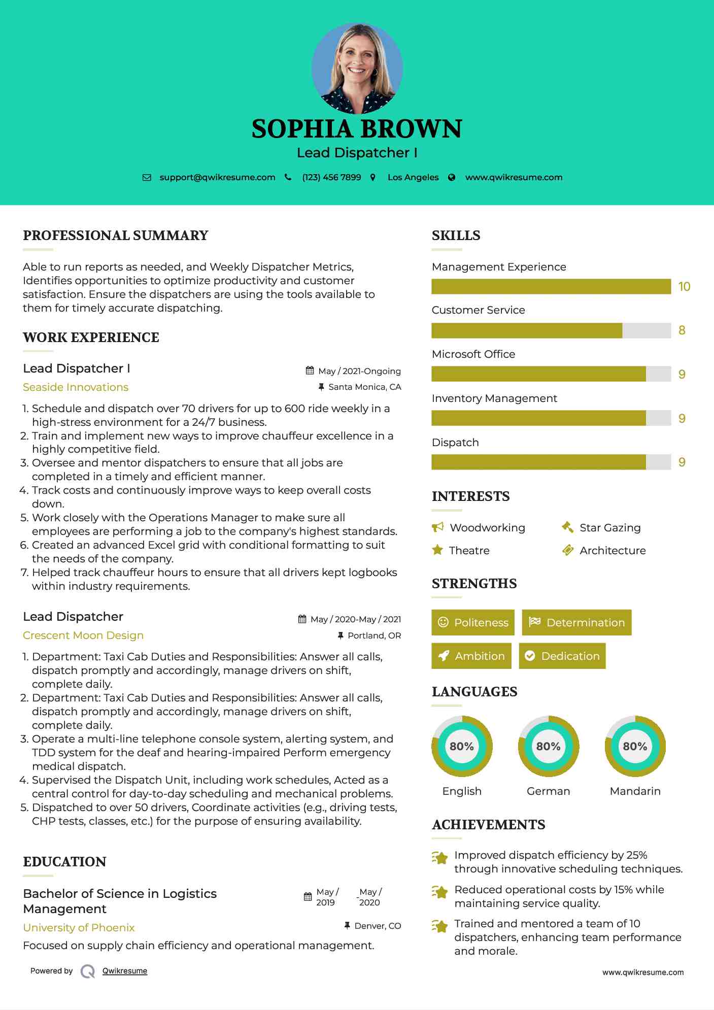 Lead Dispatcher I Resume Example