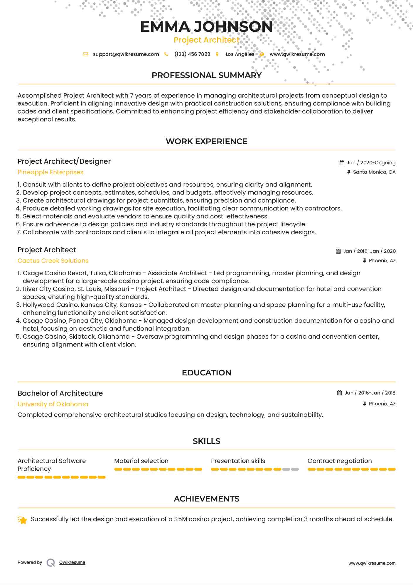 Project Architect/Designer Resume Example