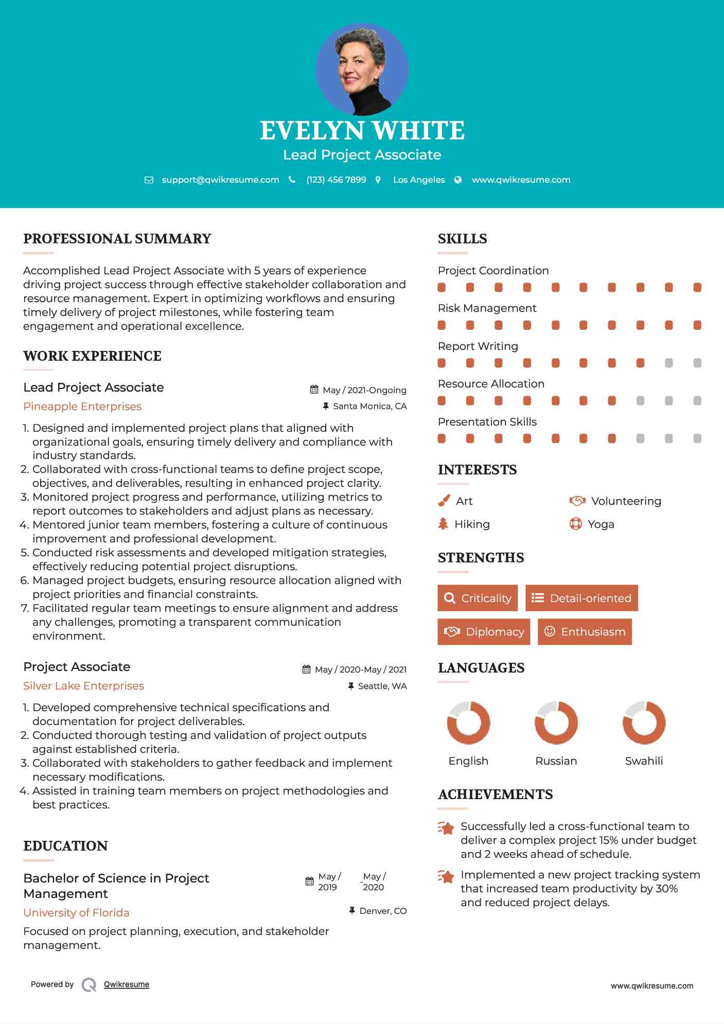 Lead Project Associate Resume Format