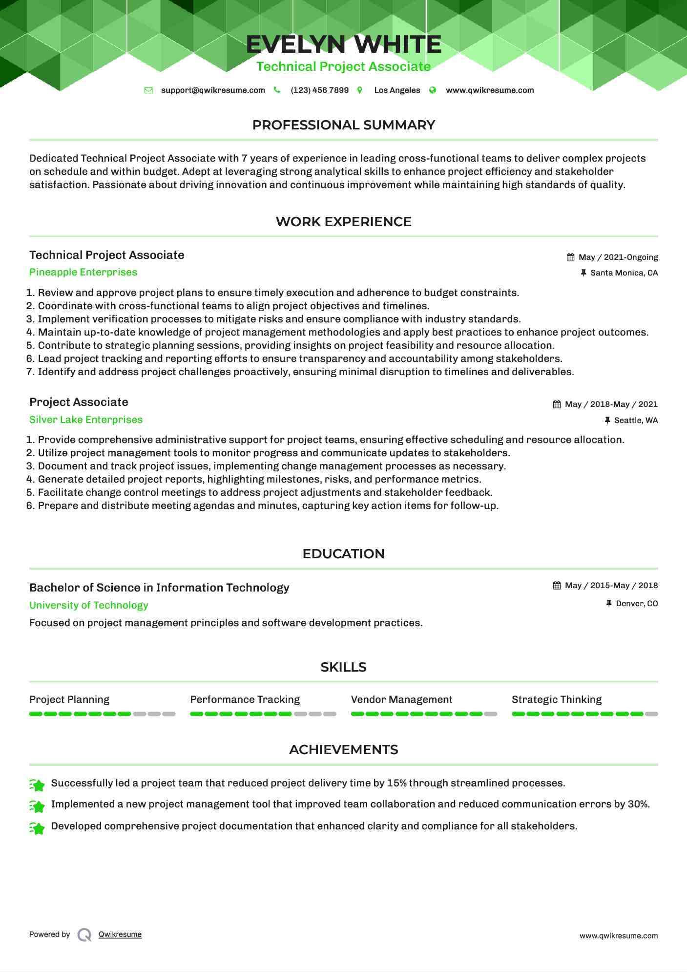 Technical Project Associate Resume Model