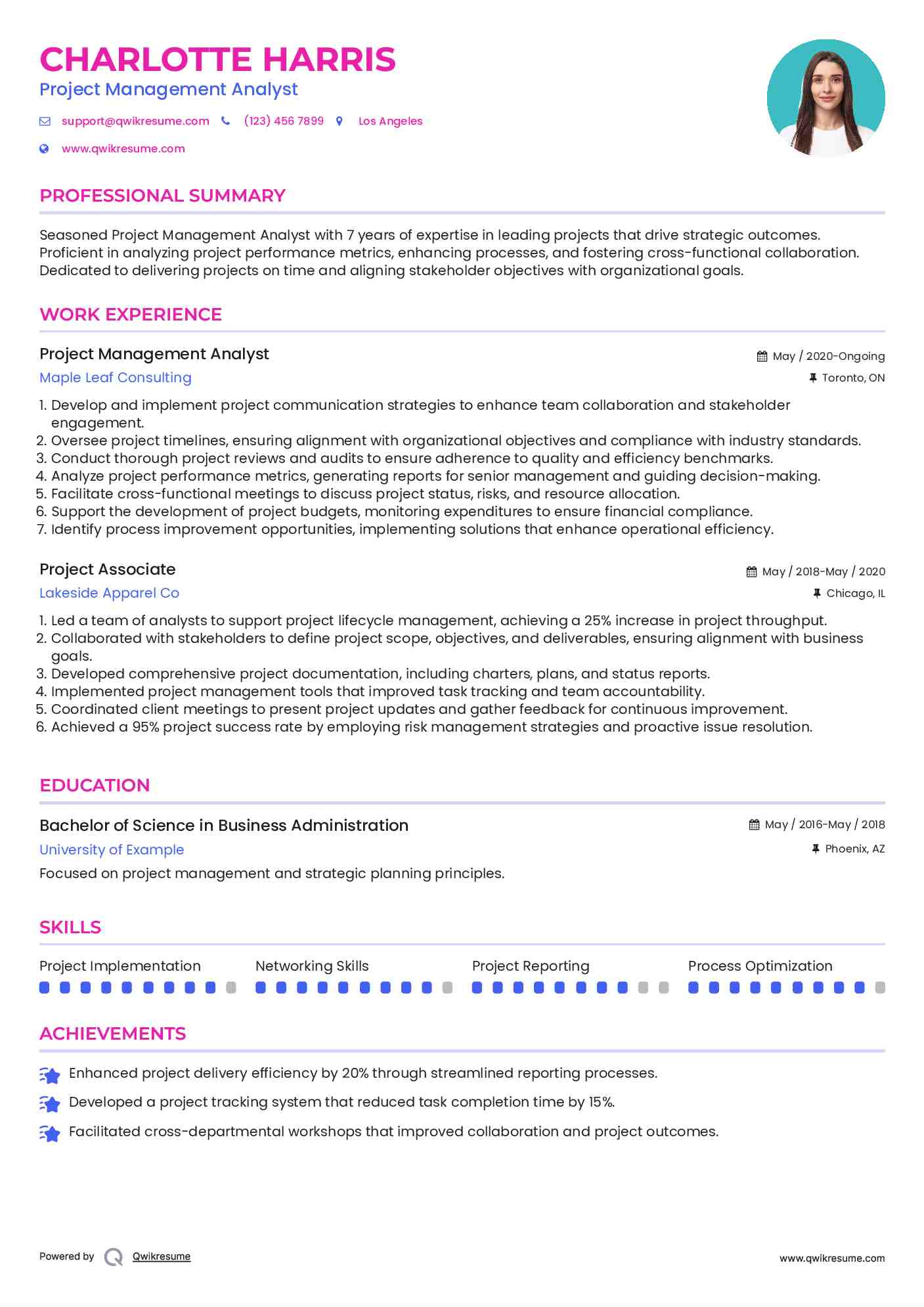 Project Management Analyst Resume Example
