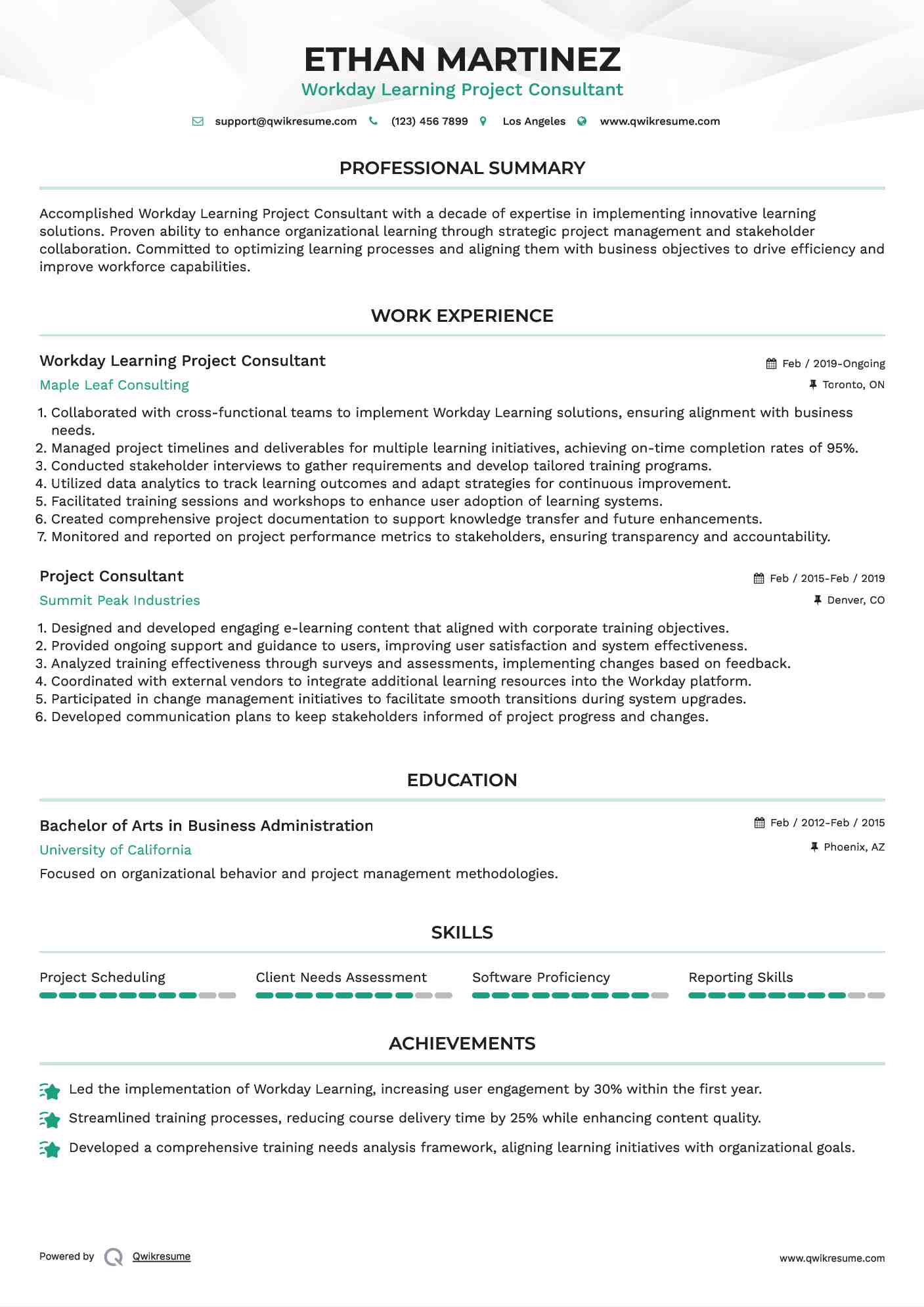 Workday Learning Project Consultant Resume Model