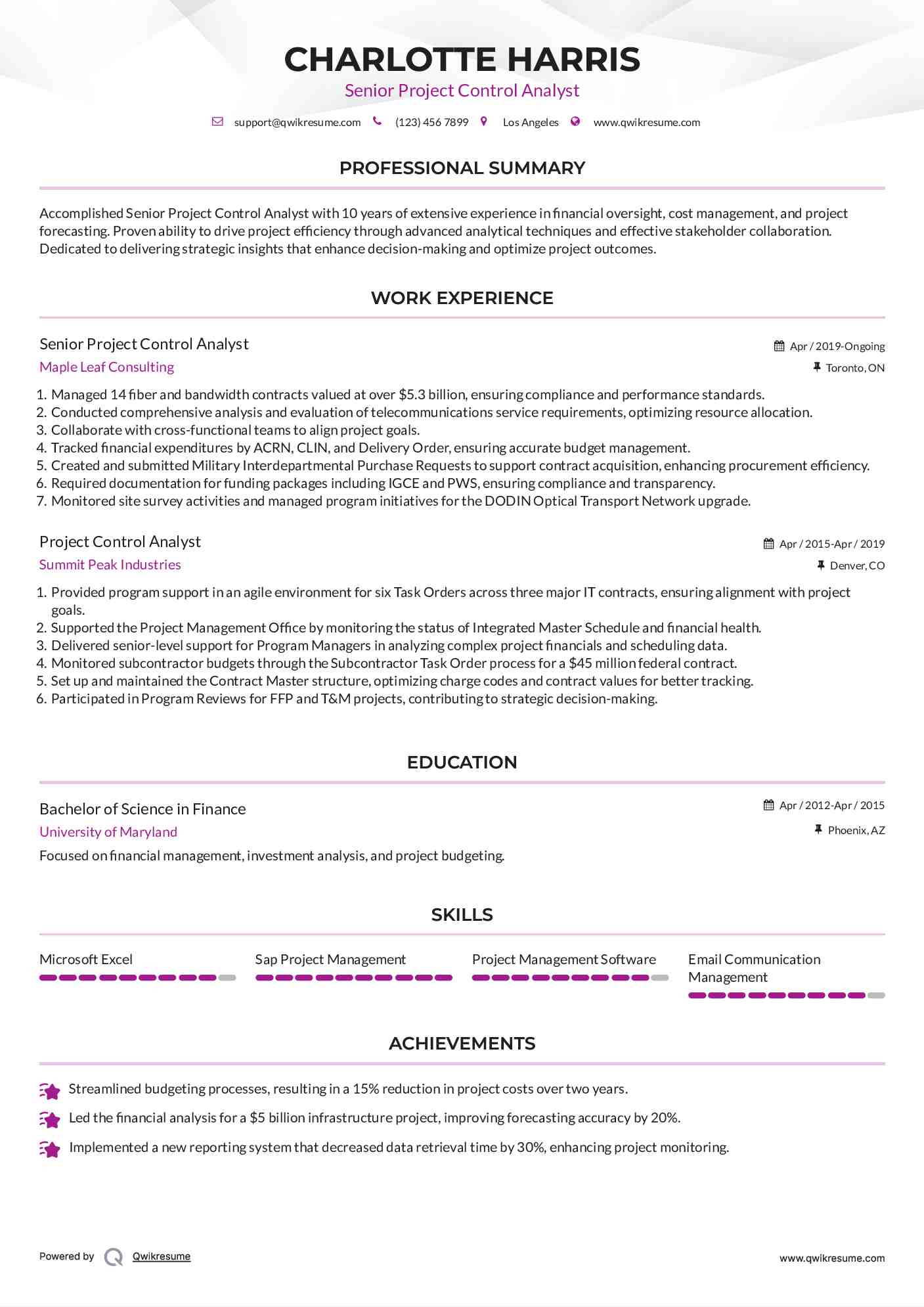 Senior Project Control Analyst Resume Example