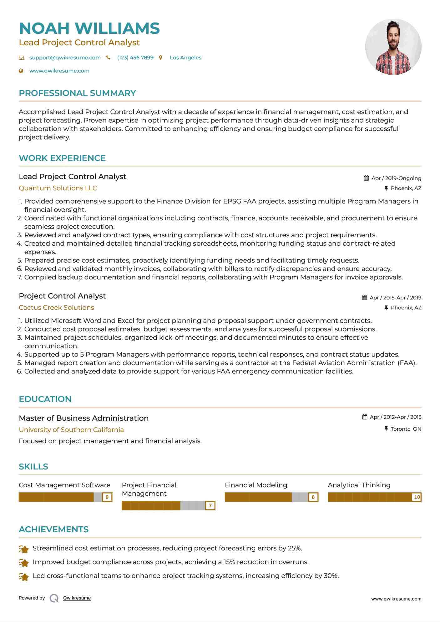 Lead Project Control Analyst Resume Format