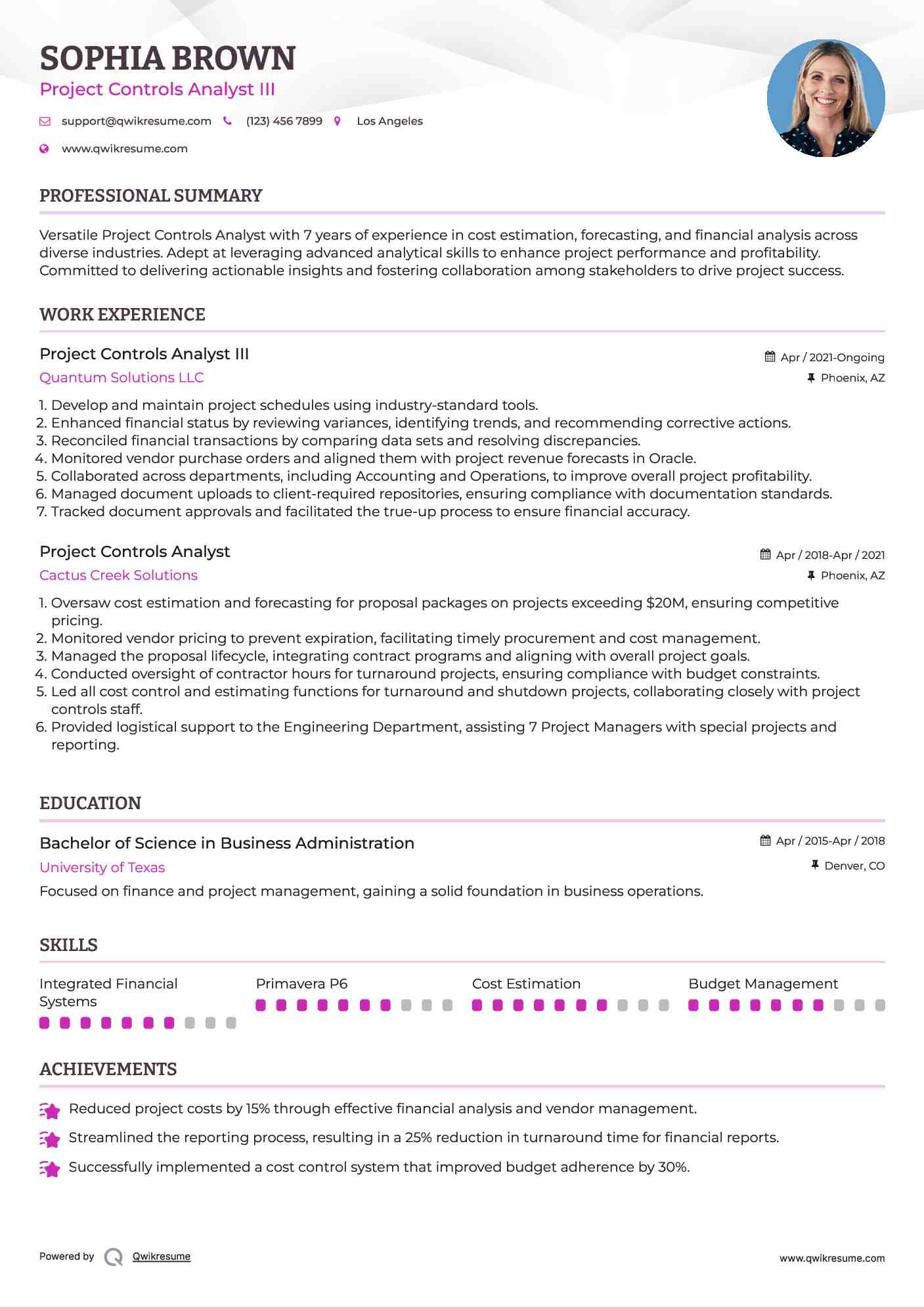 Project Controls Analyst III Resume Model