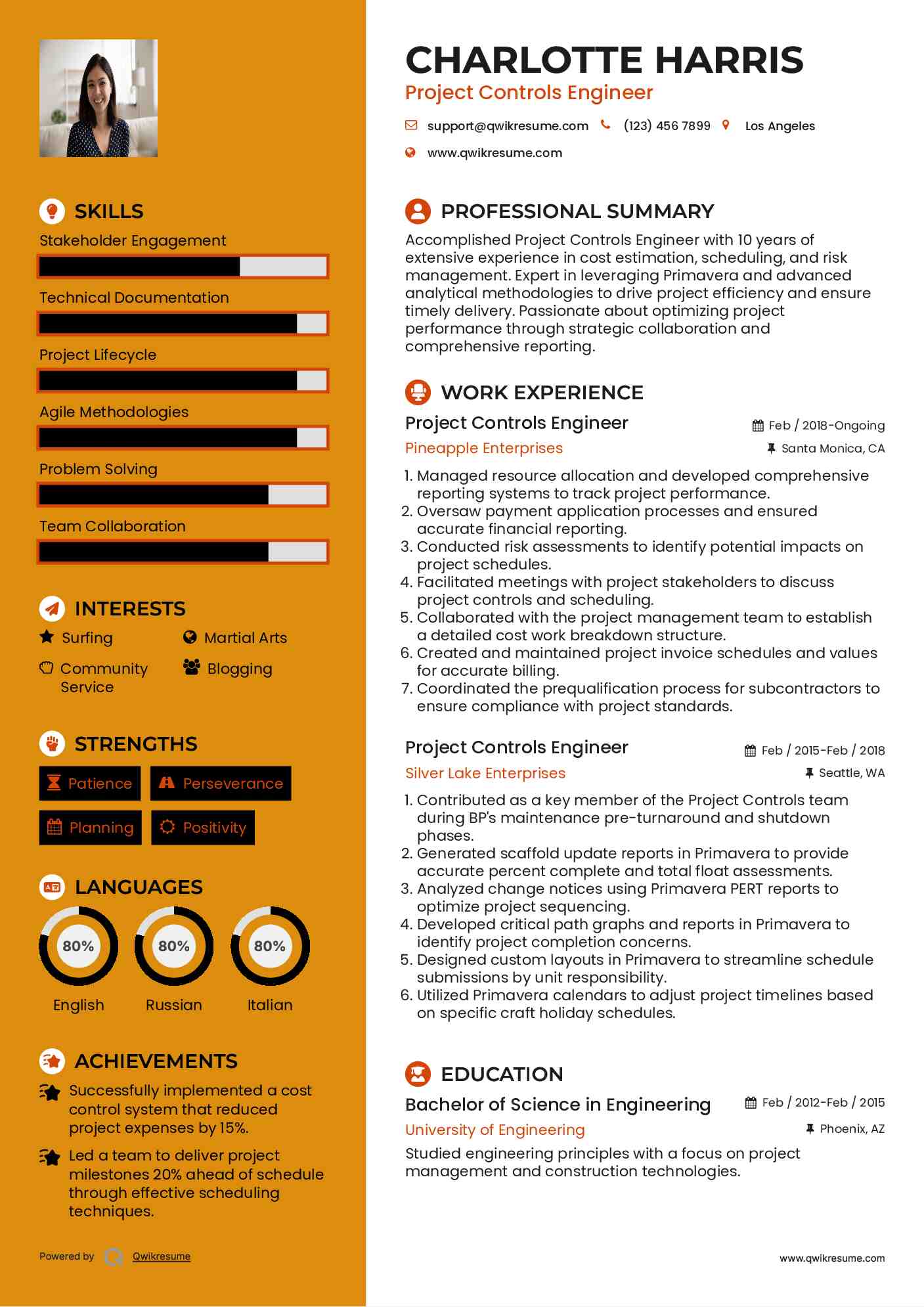 Project Controls Engineer Resume Sample
