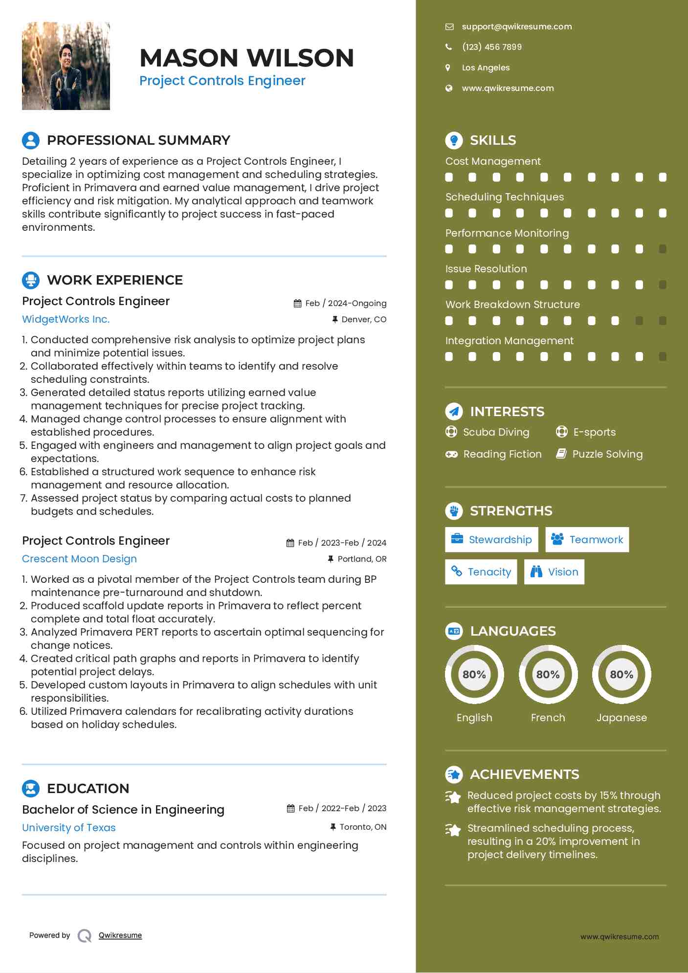 Project Controls Engineer Resume Model