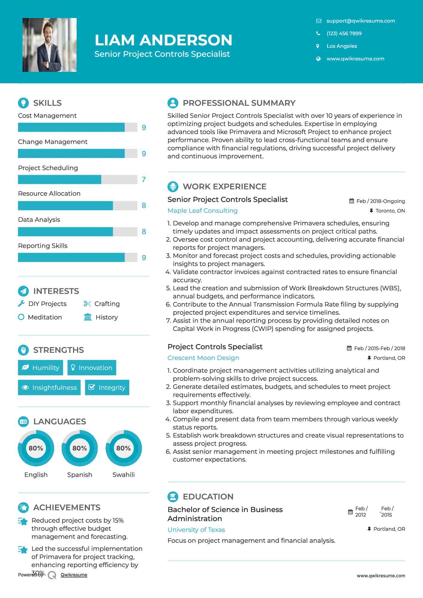 Project Controls Specialist Resume Samples QwikResume