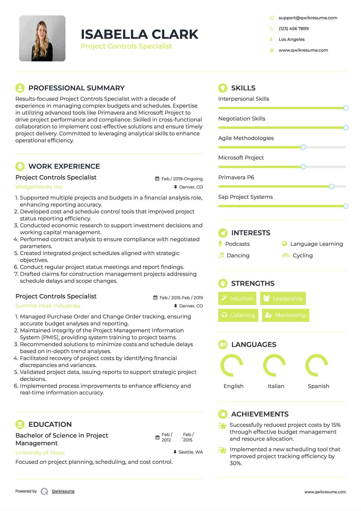 Project Controls Specialist Resume Samples QwikResume