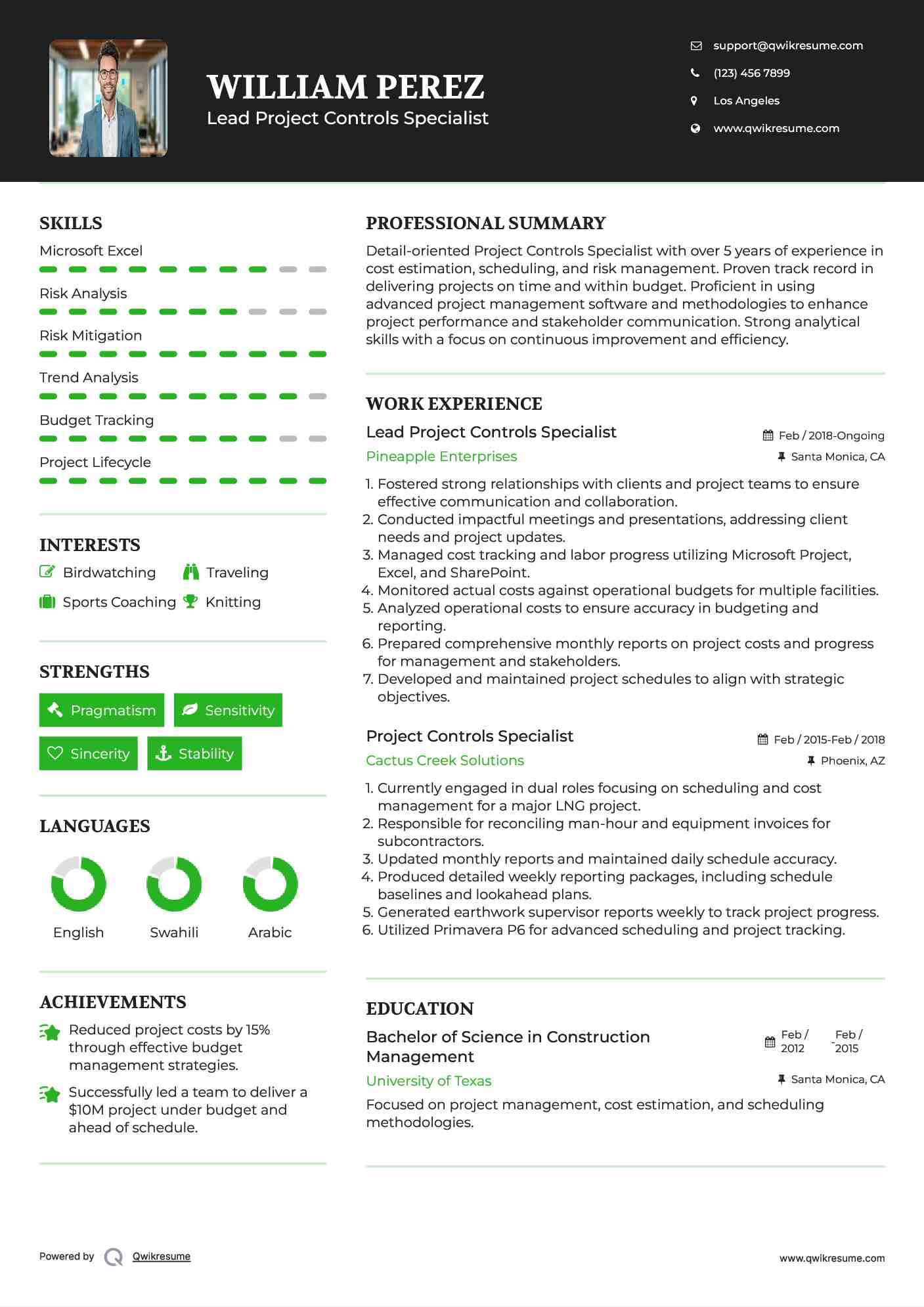 Project Controls Specialist Resume Samples QwikResume