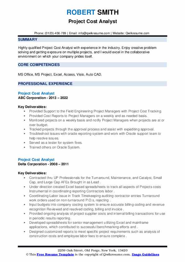 Project Cost Analyst Resume Samples QwikResume