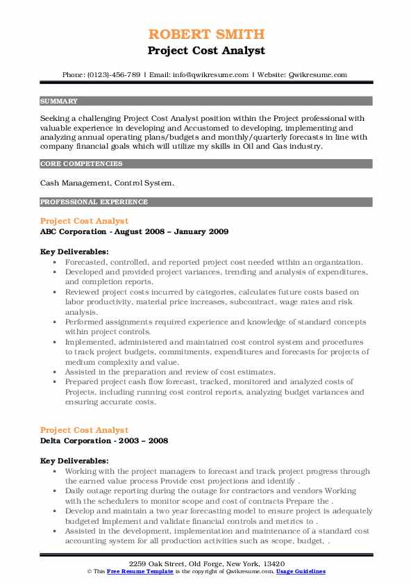 Project Cost Analyst Resume Samples QwikResume