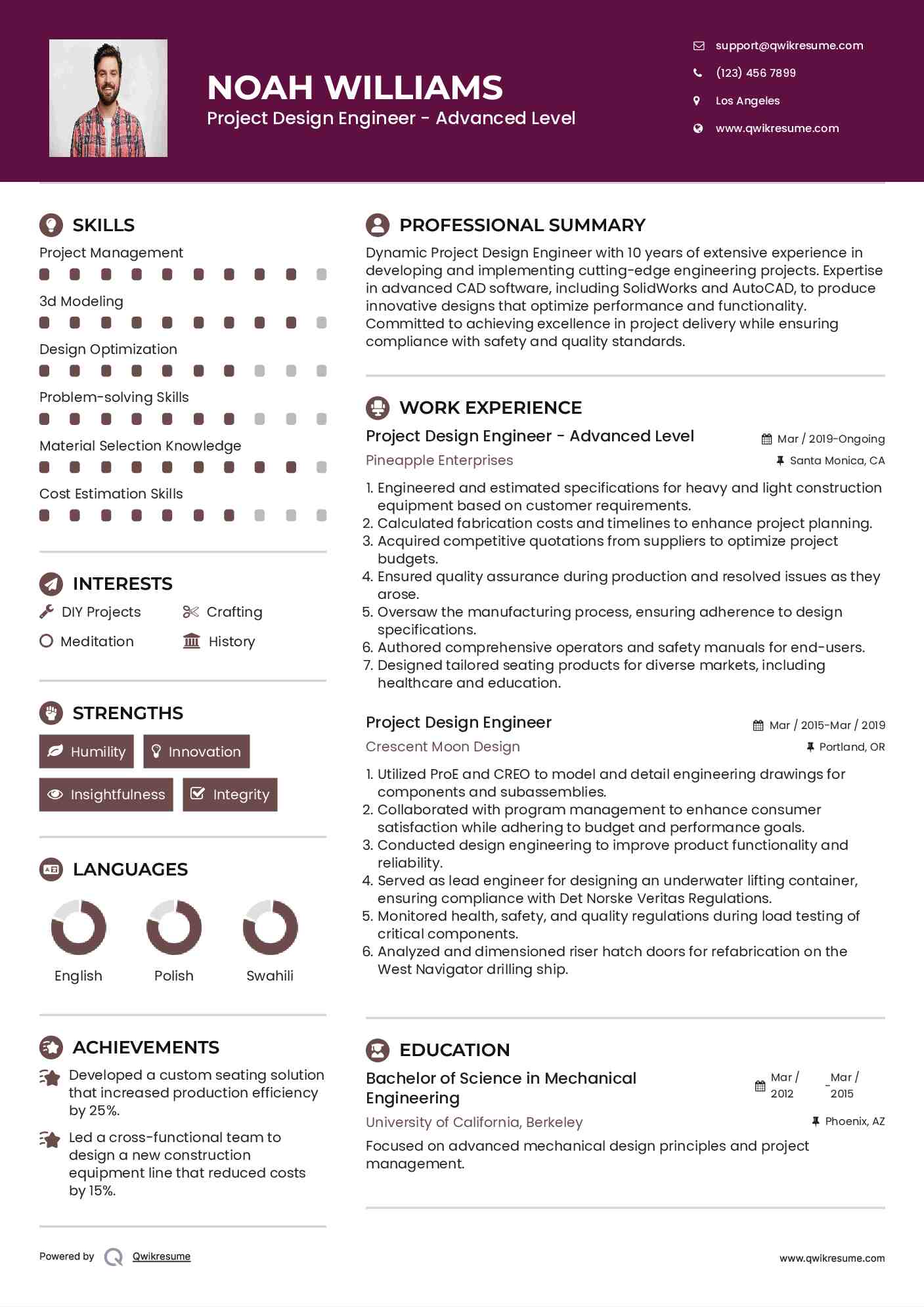 Project Design Engineer - Advanced Level Resume Example