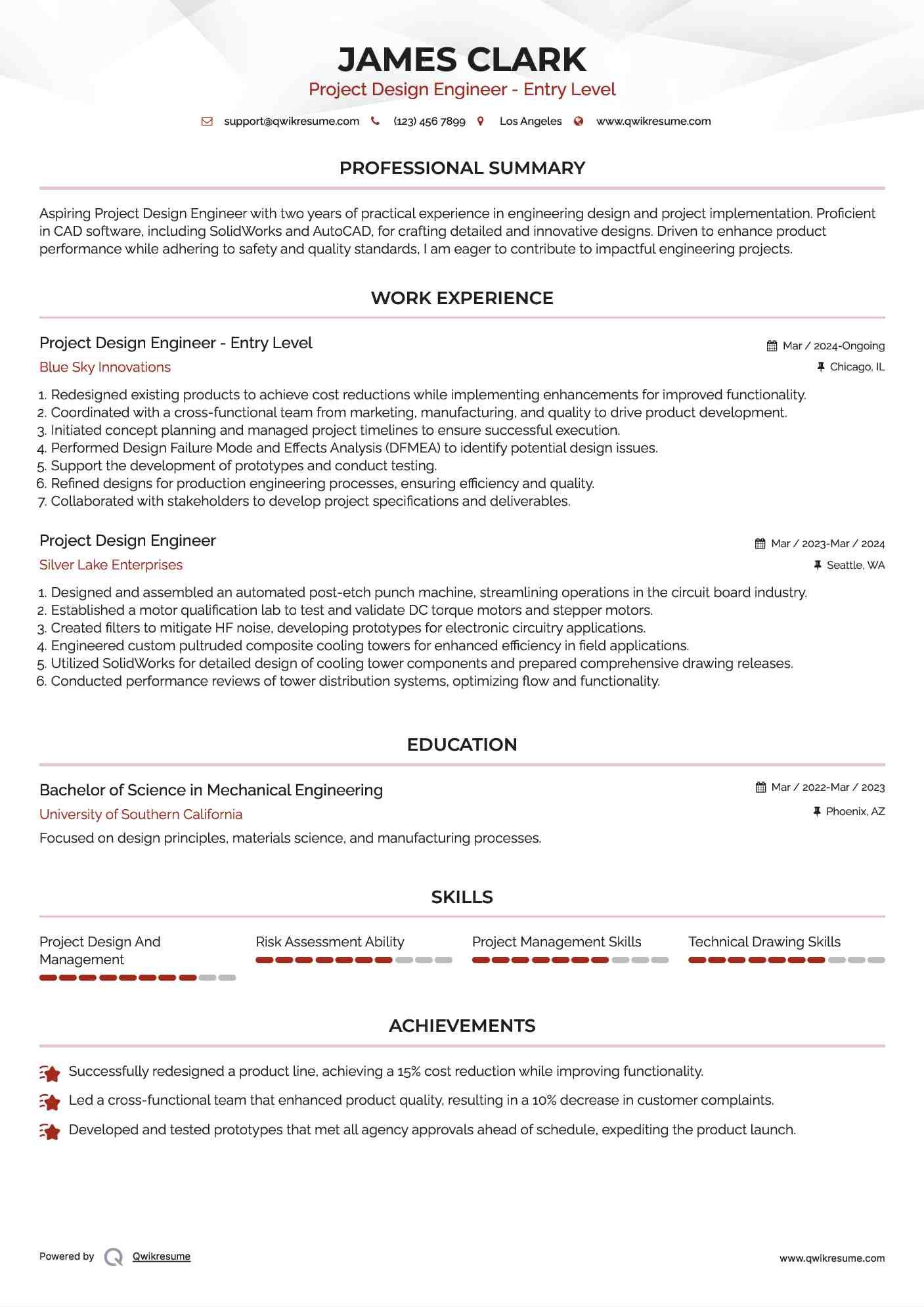 Project Design Engineer - Entry Level Resume Template