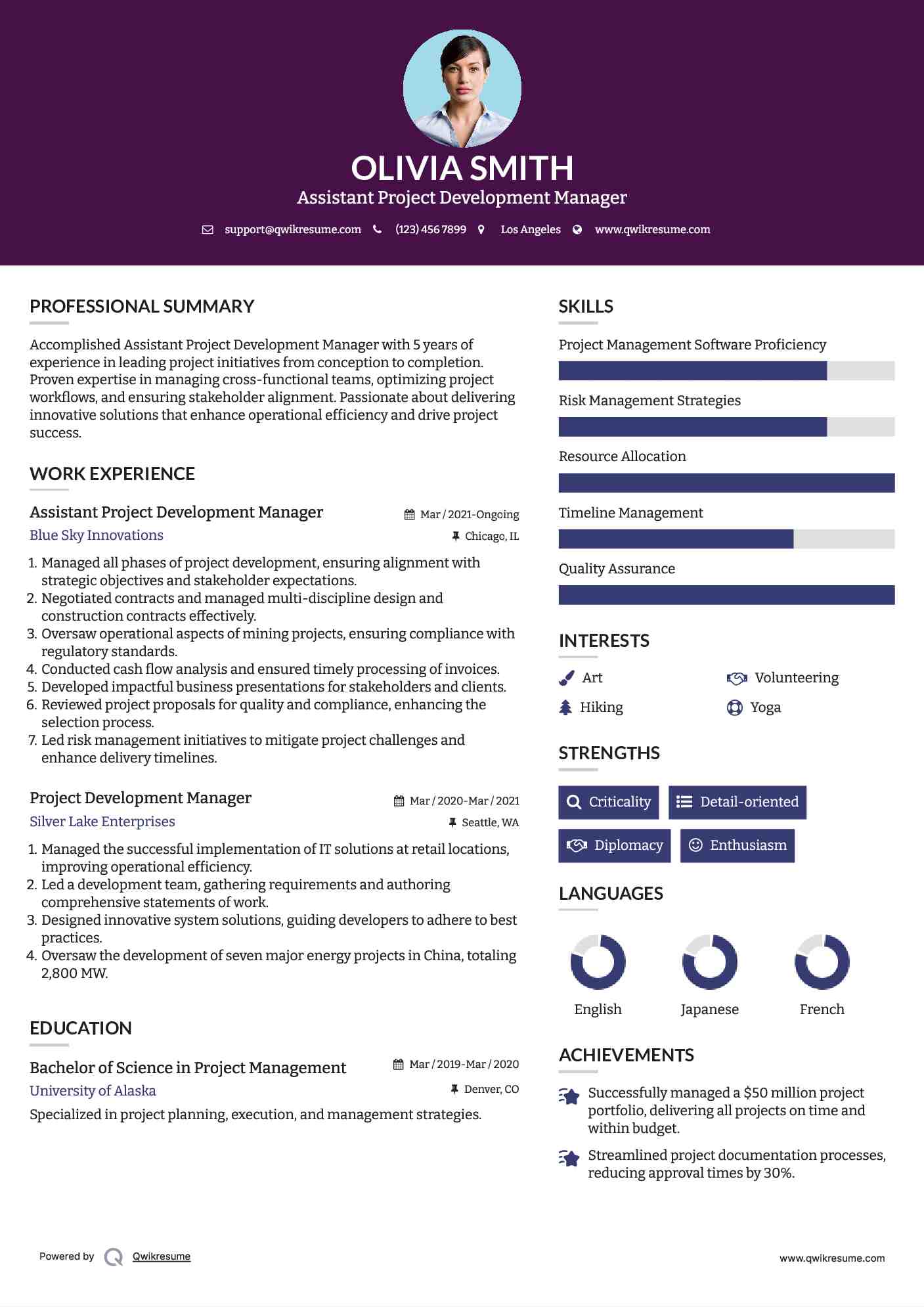 Assistant Project Development Manager Resume Example