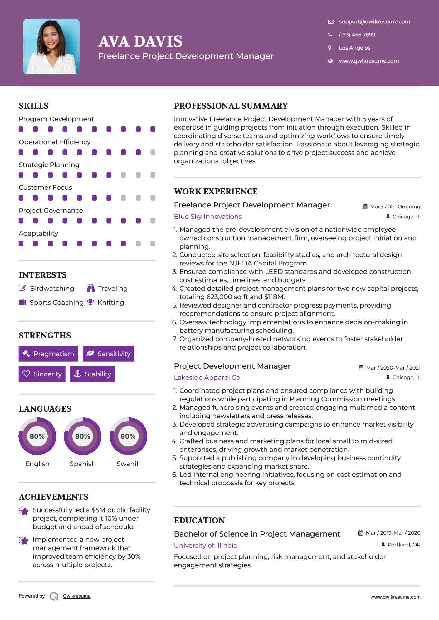 Freelance Project Development Manager Resume Template