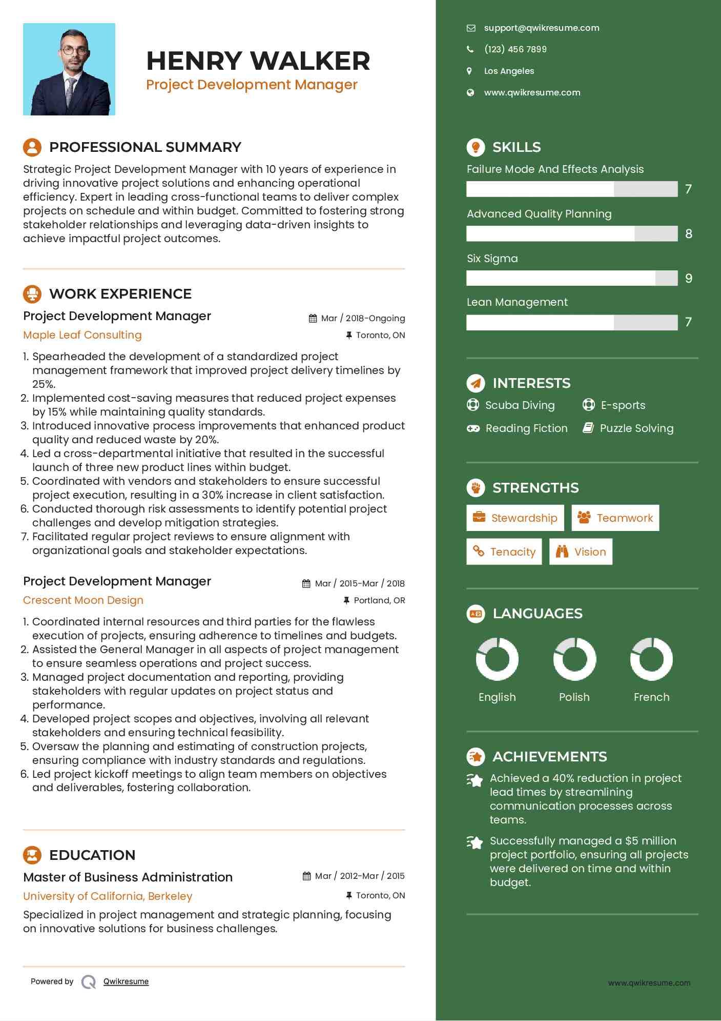 Project Development Manager Resume Model