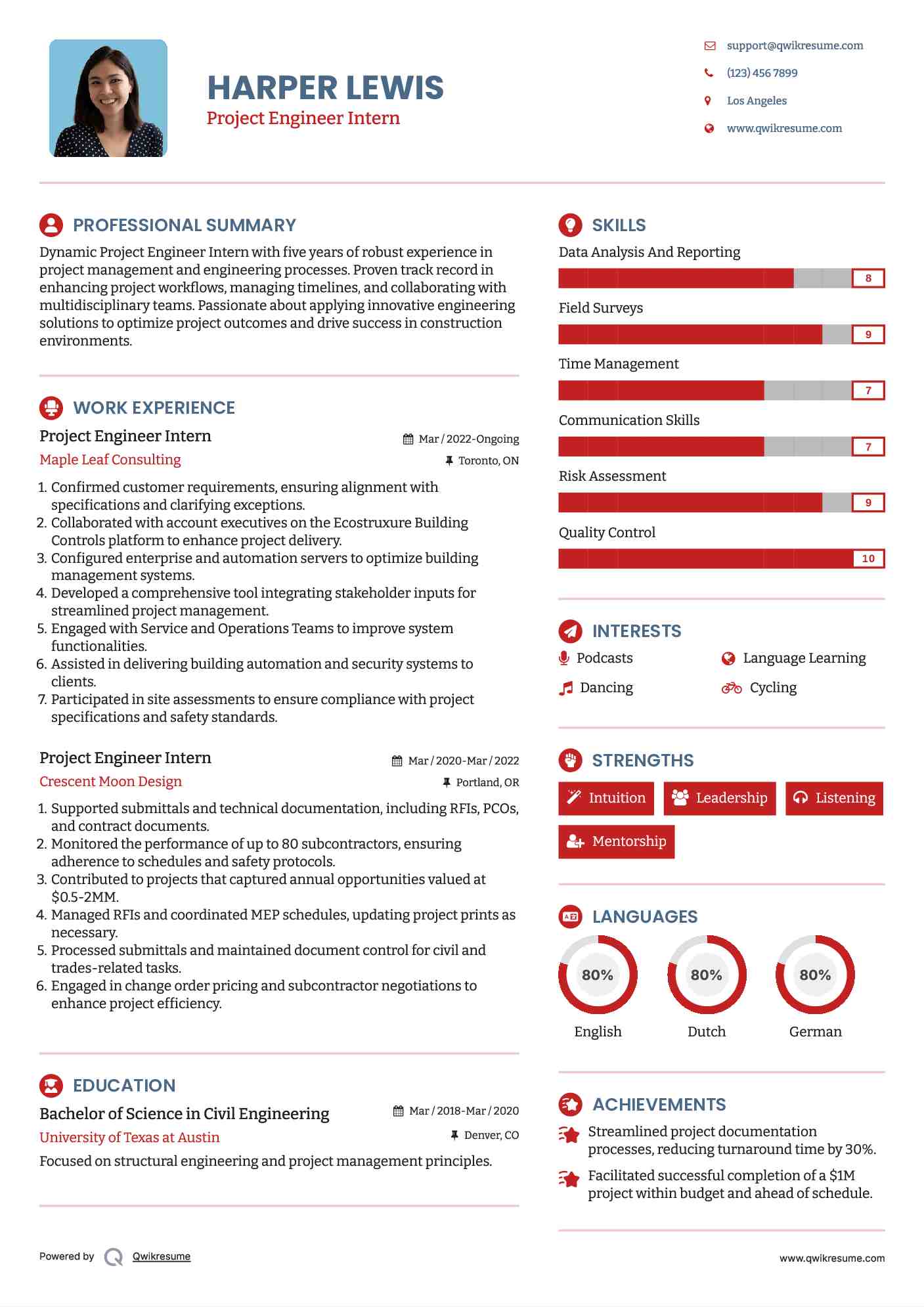 Project Engineer Intern Resume Template