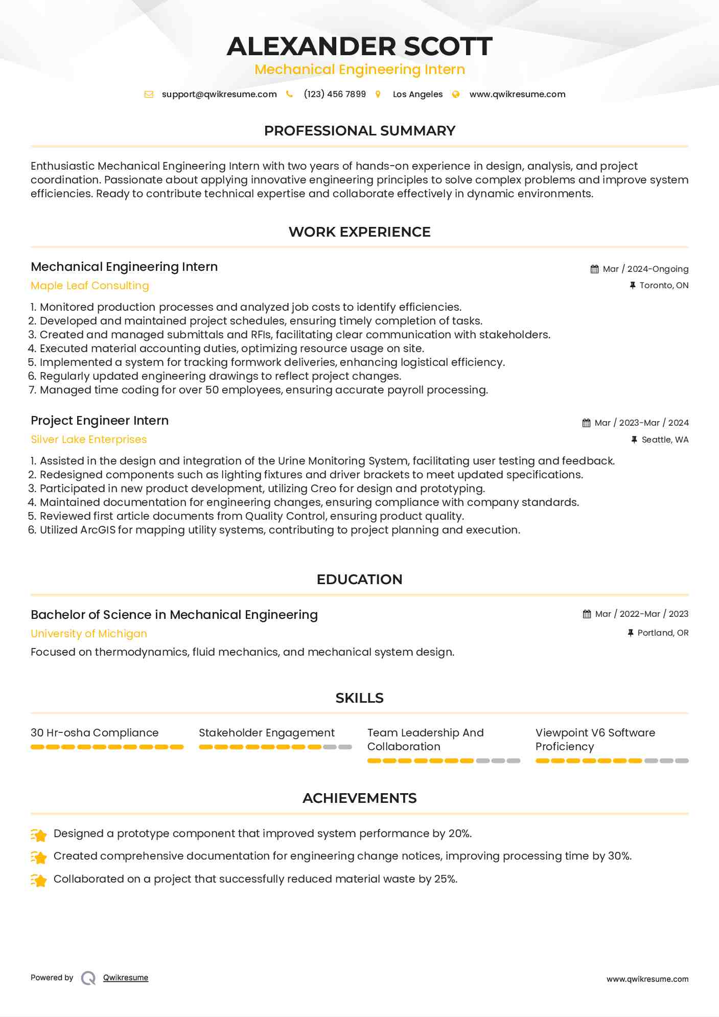 Mechanical Engineering Intern Resume Example