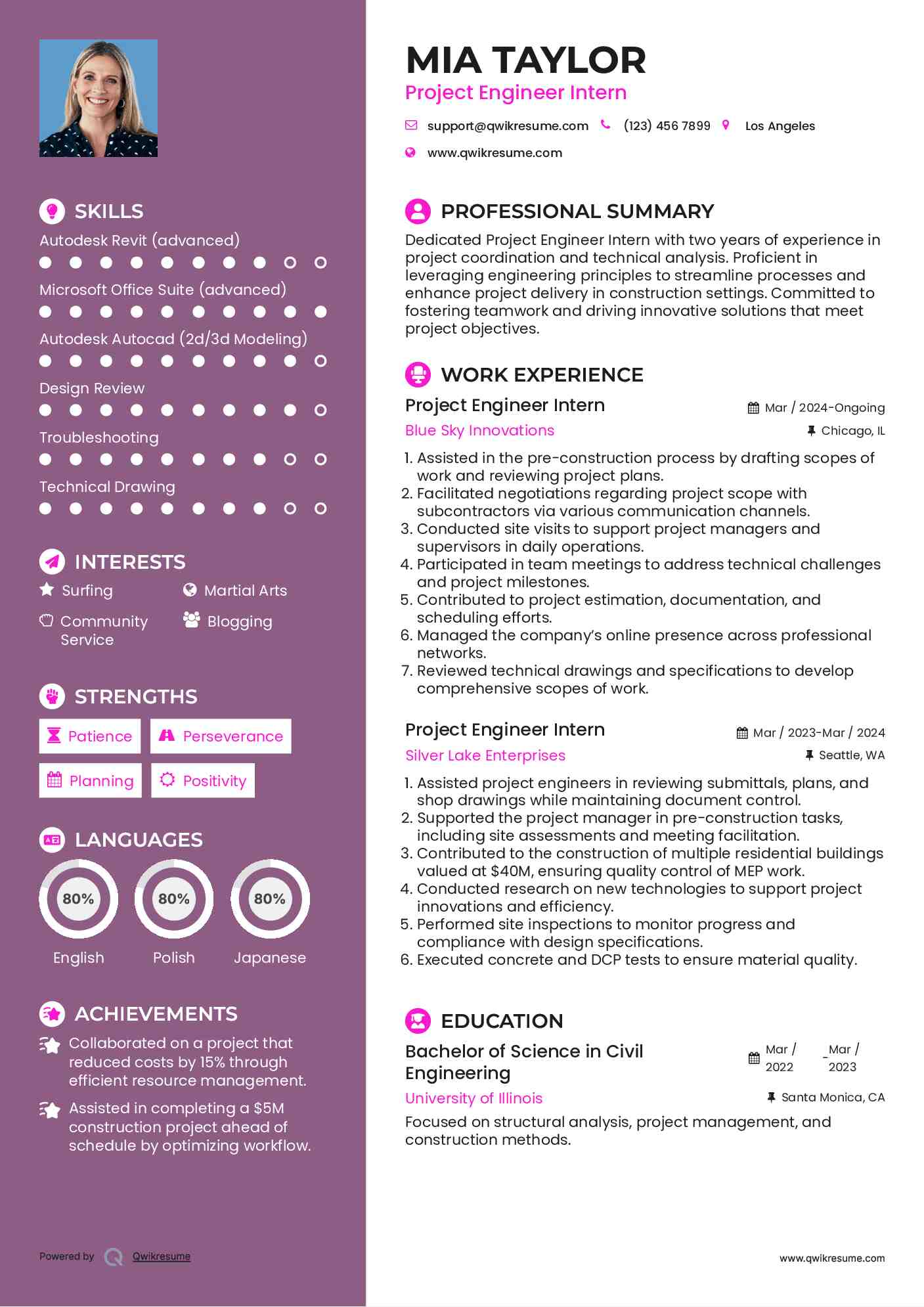 Project Engineer Intern Resume Sample