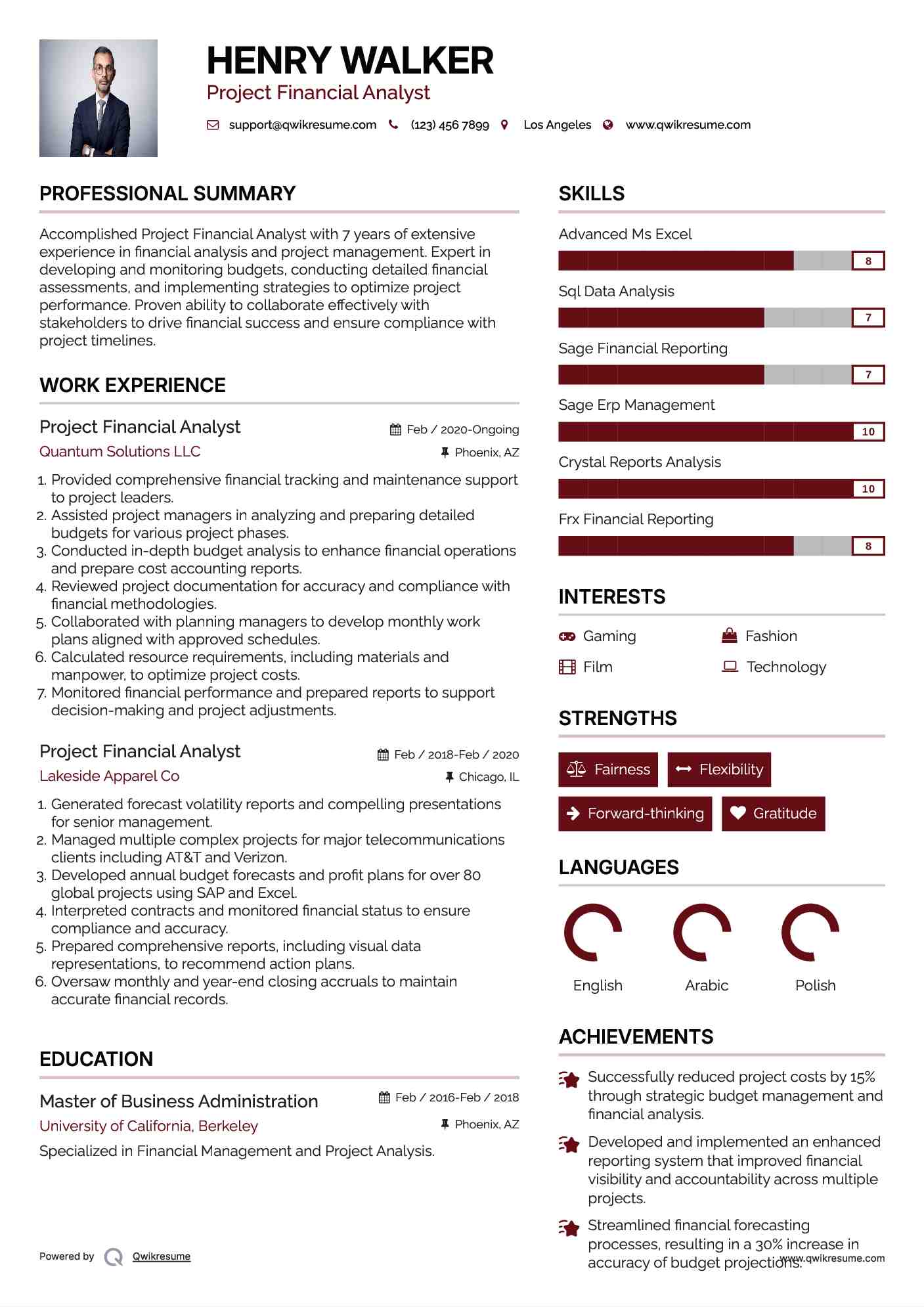 Project Financial Analyst Resume Samples | QwikResume