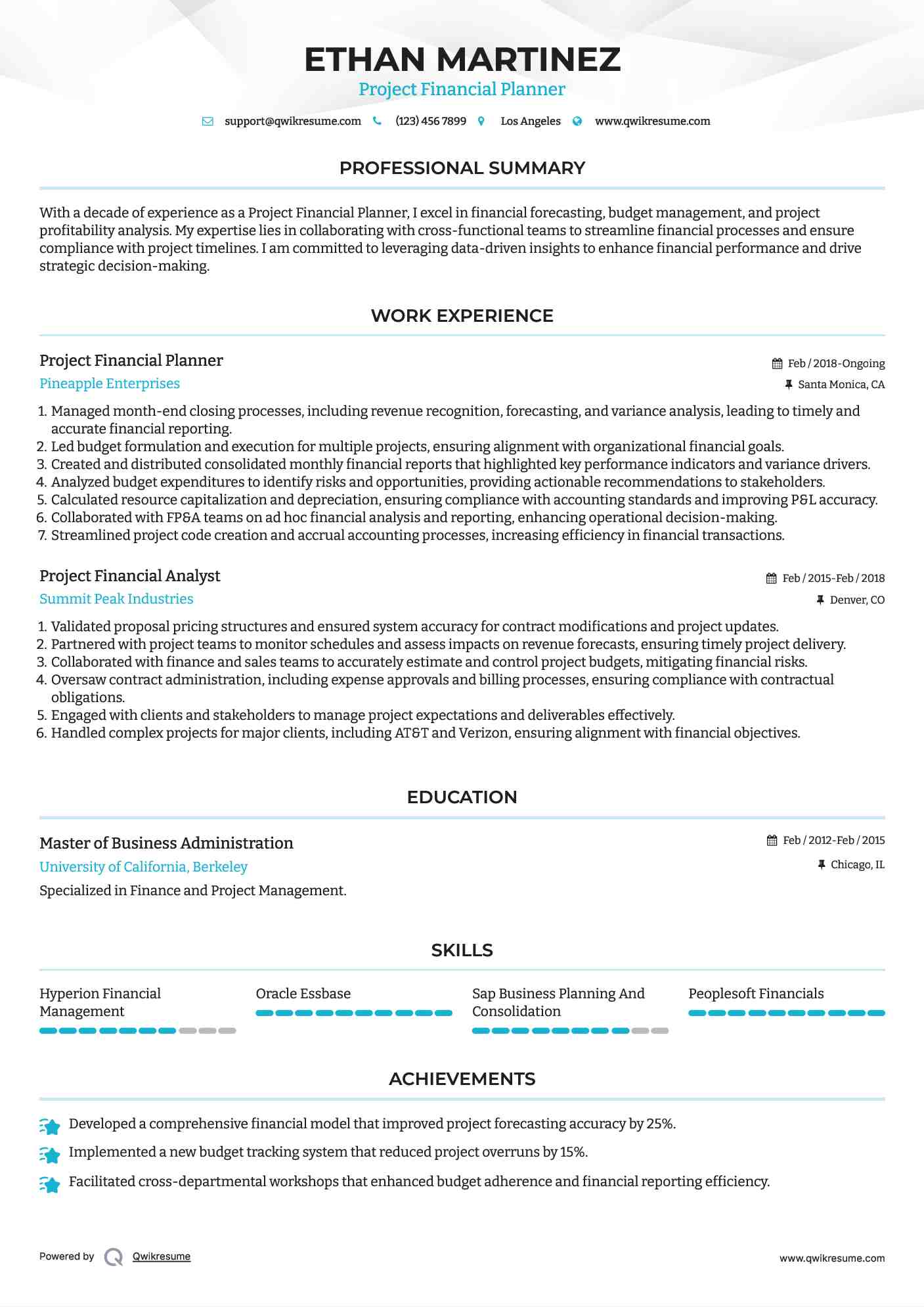 Project Financial Planner Resume Format