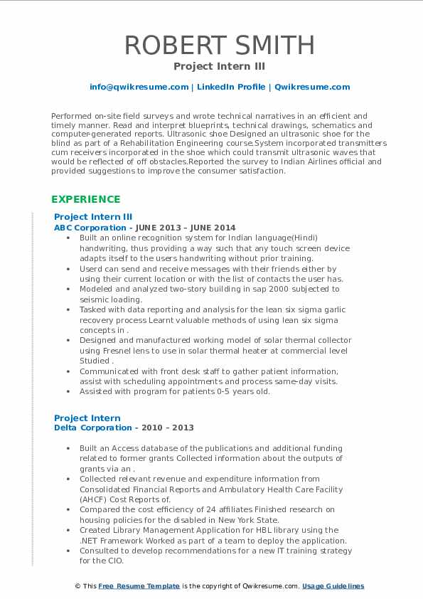 Project Intern Resume Samples QwikResume