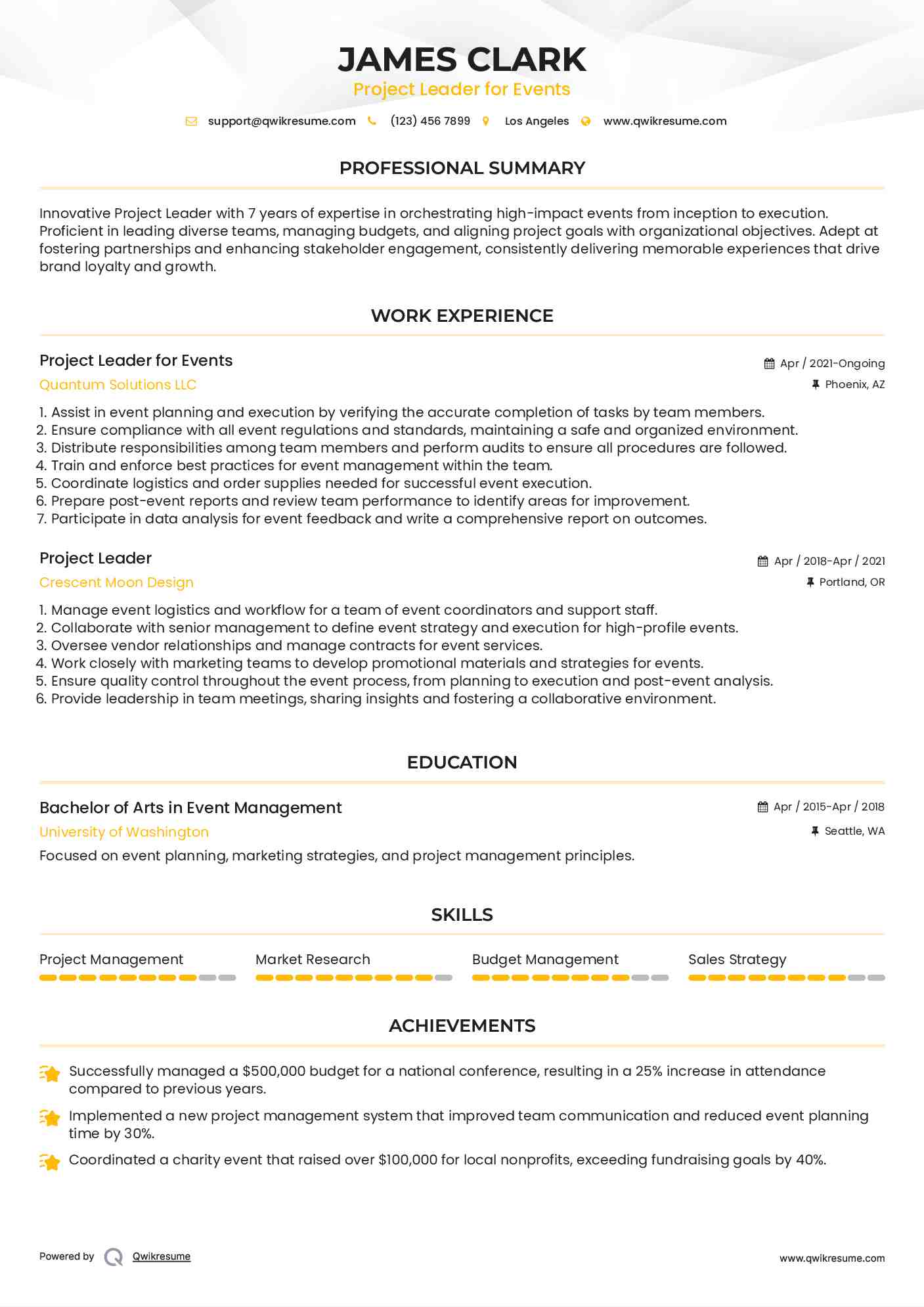 Project Leader for Events Resume Sample
