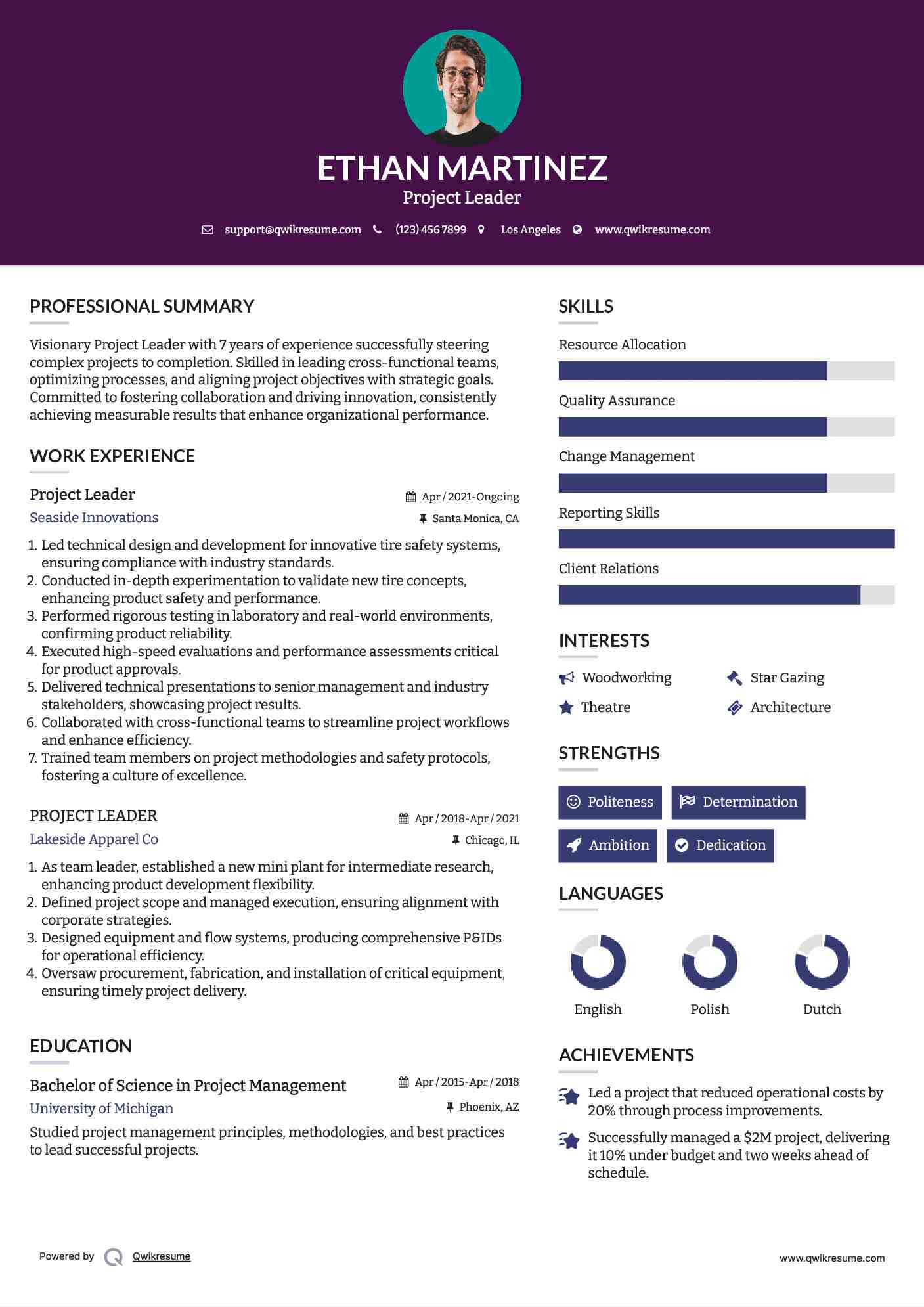 Project Leader Resume Sample