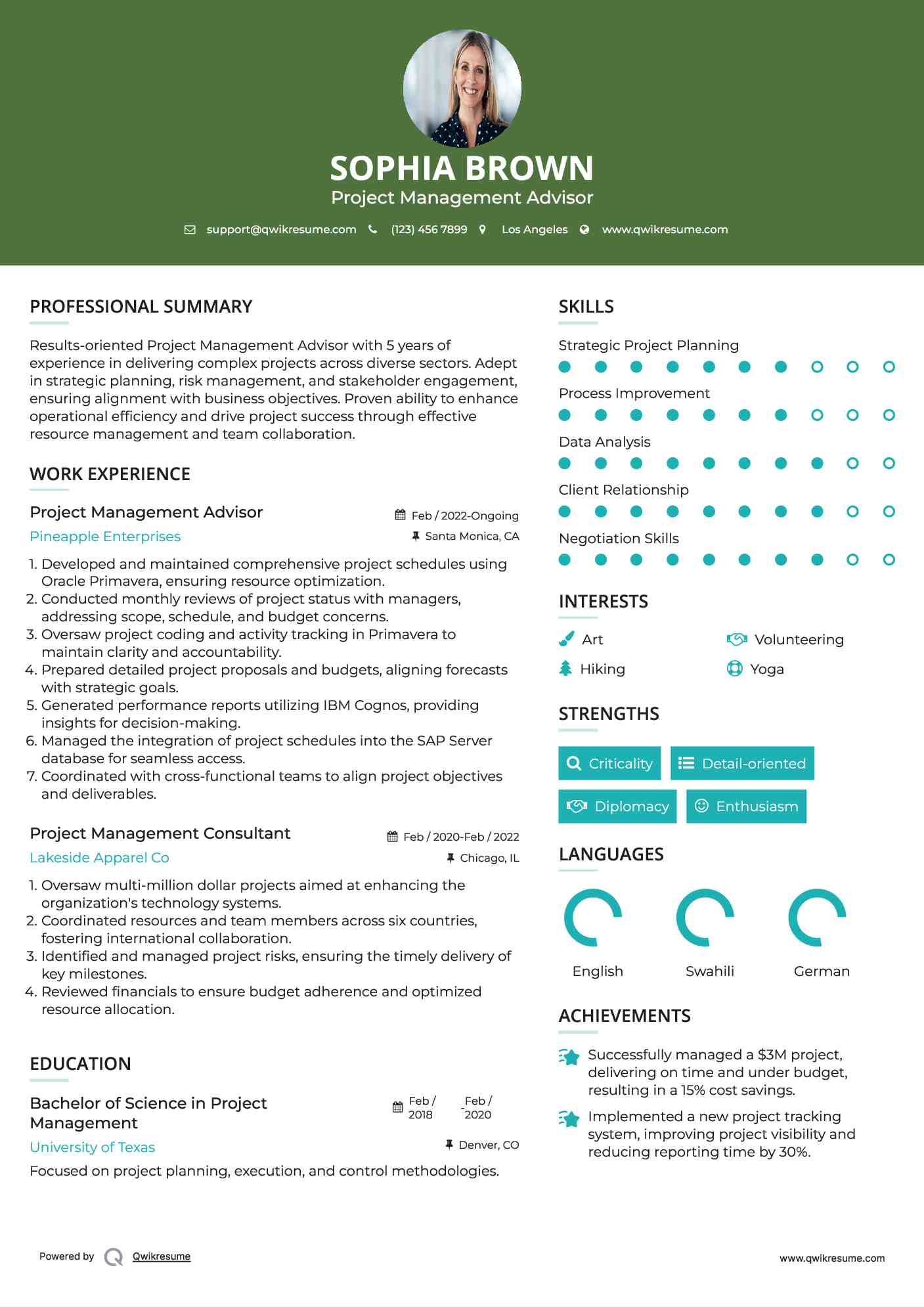Project Management Advisor Resume Model