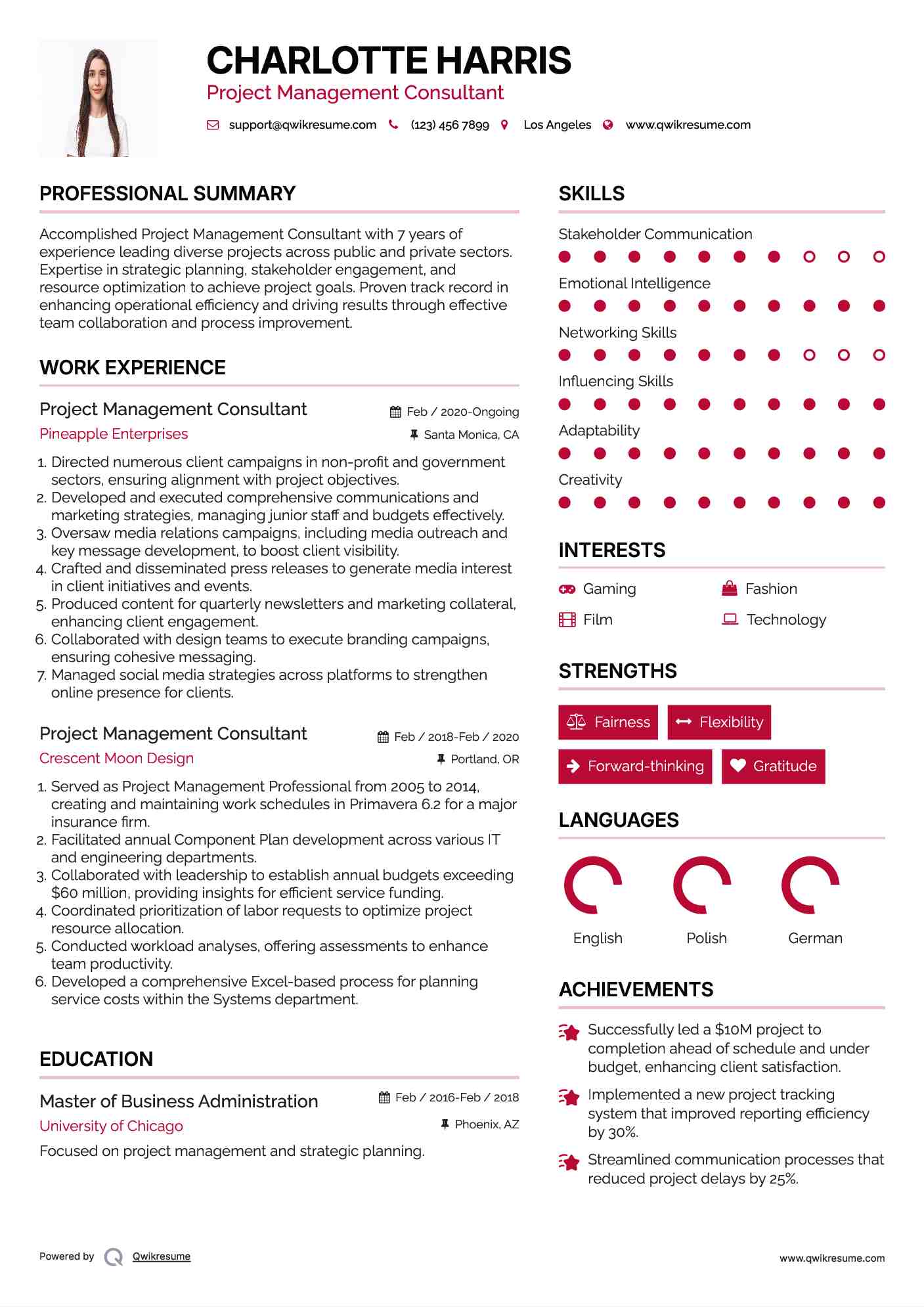 Project Management Consultant Resume Sample