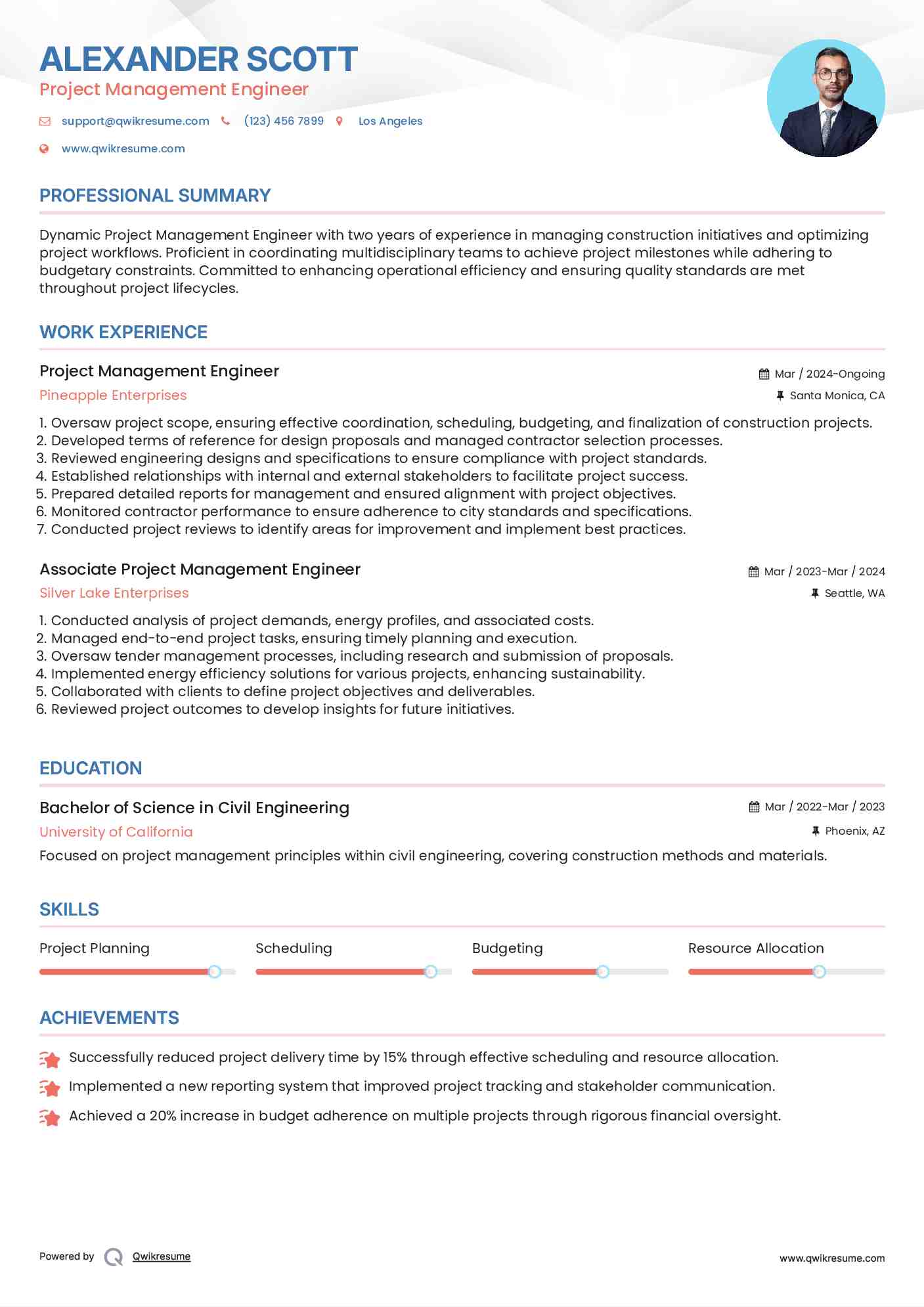 Project Management Engineer Resume Example