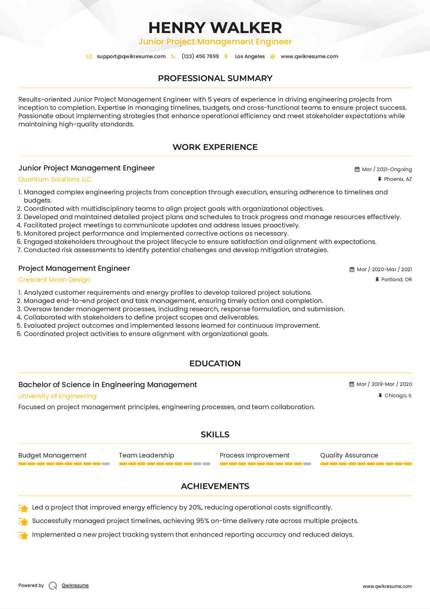 Junior Project Management Engineer Resume Model
