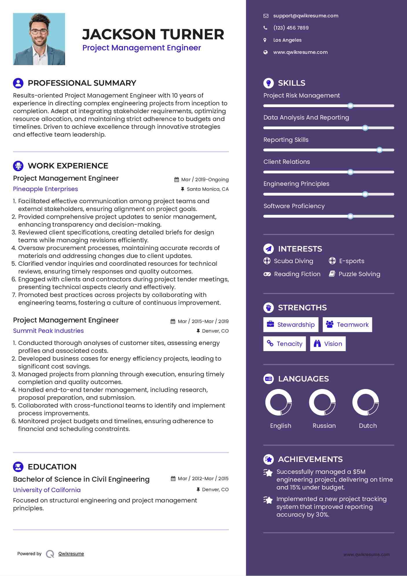 Project Management Engineer Resume Example