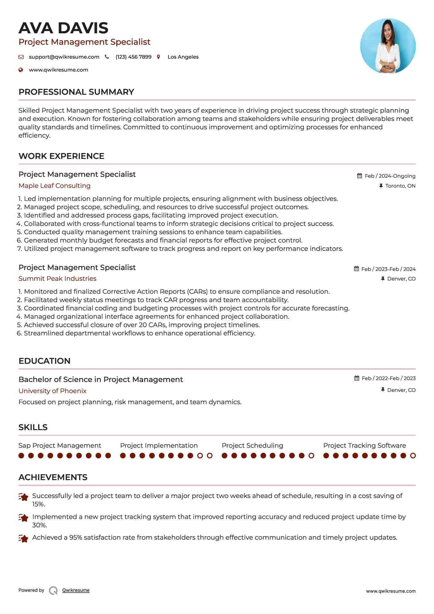 Project Management Specialist Resume Sample