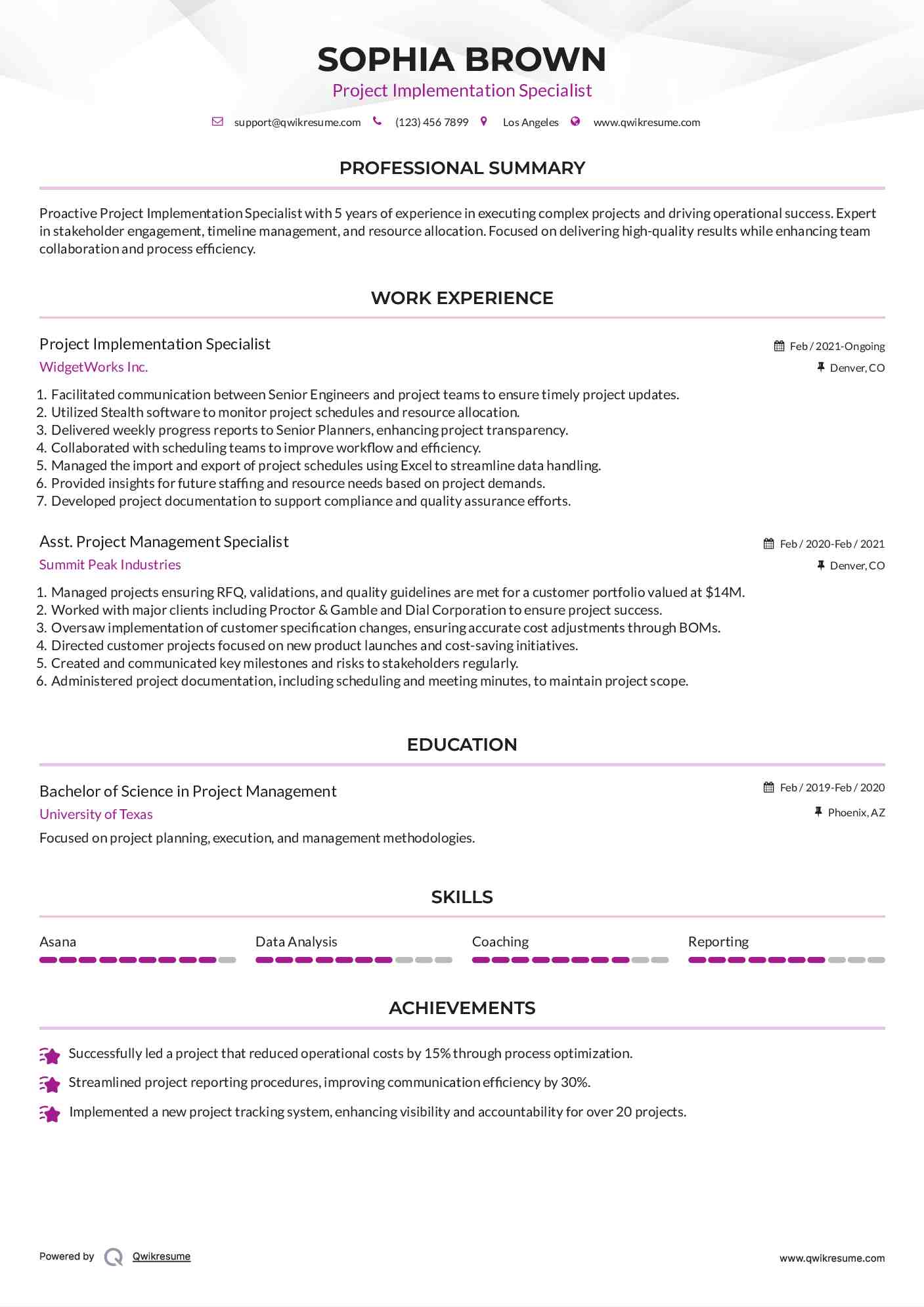 Project Implementation Specialist Resume Sample