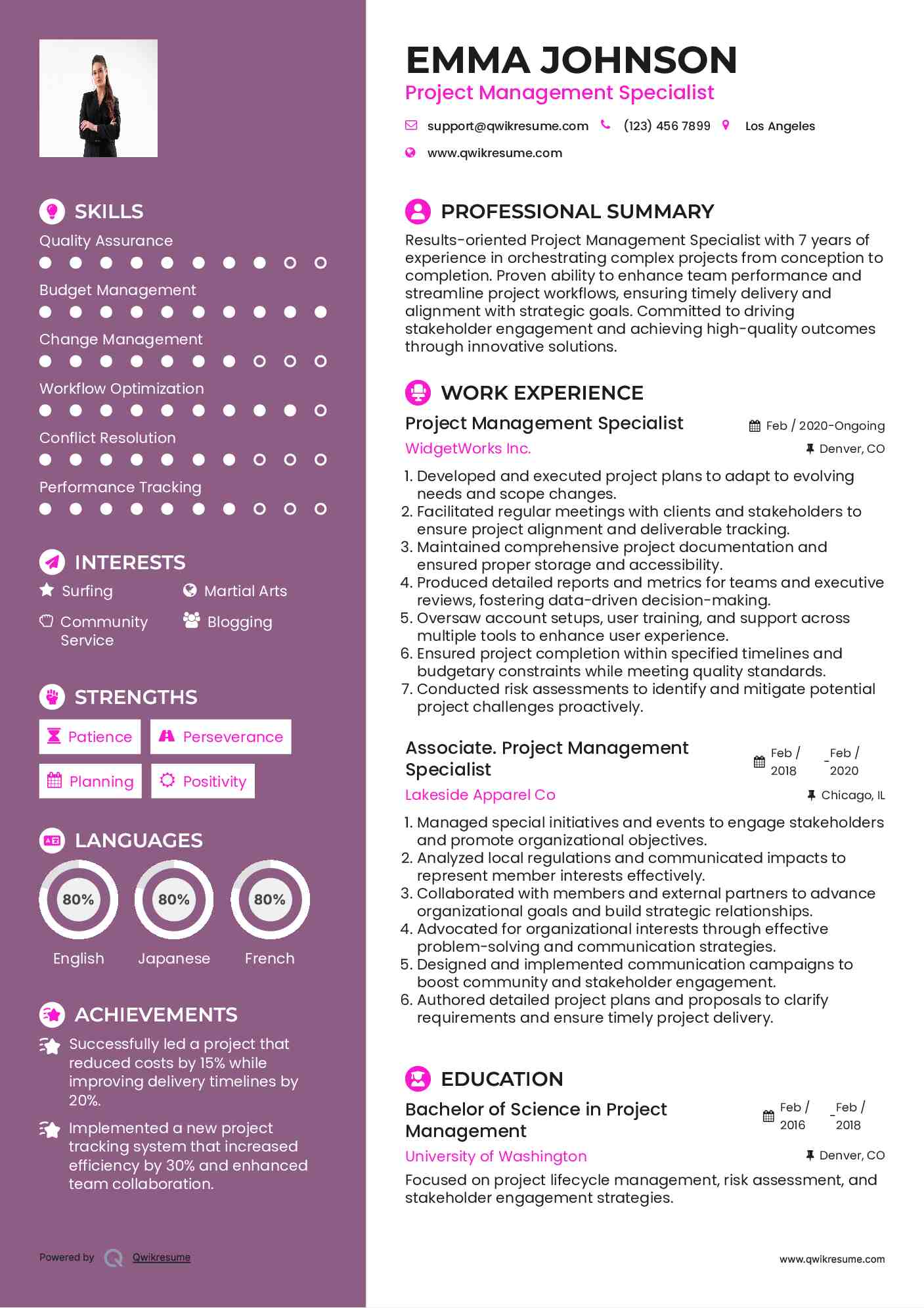 Project Management Specialist Resume Model