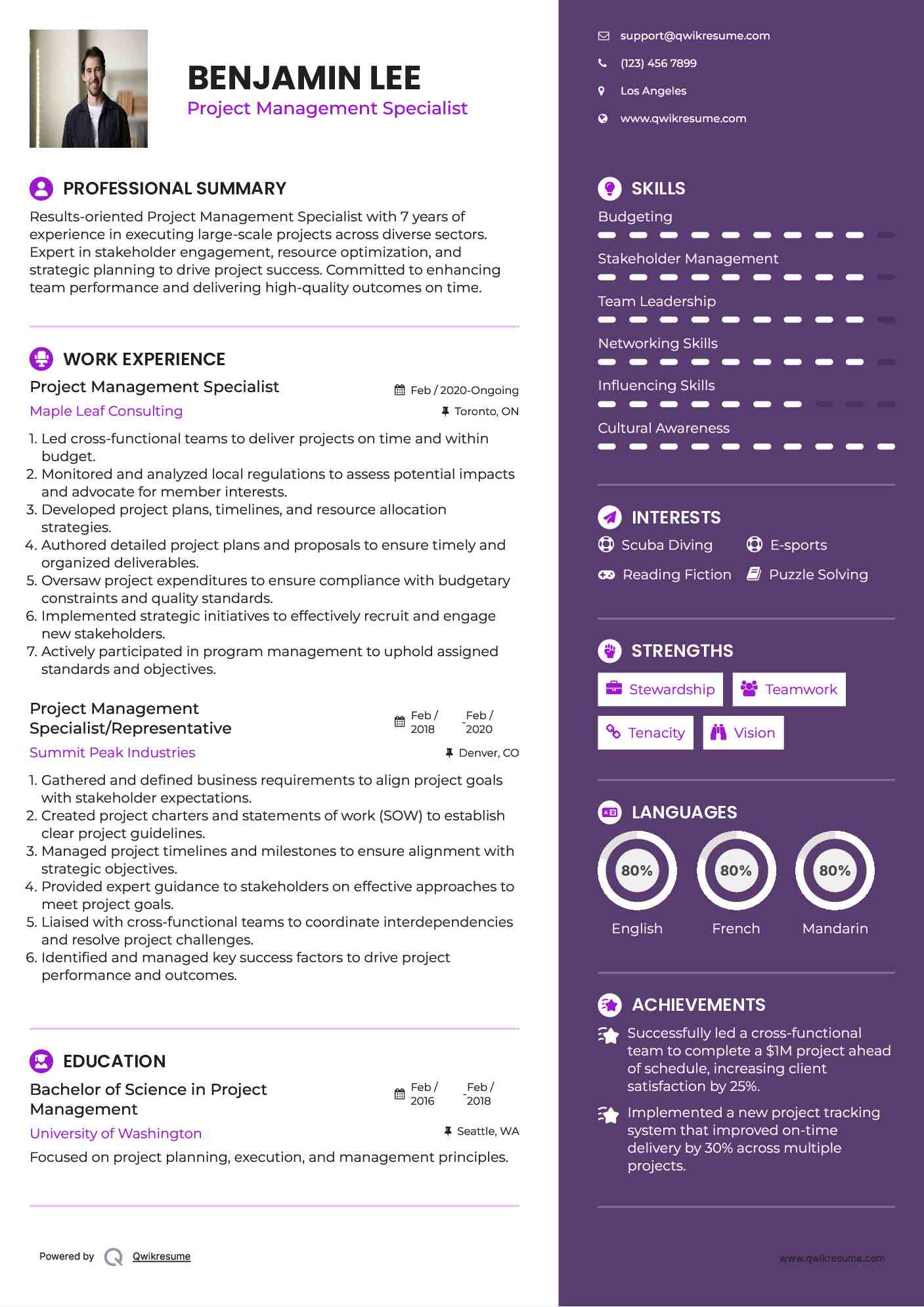 Project Management Specialist Resume Example
