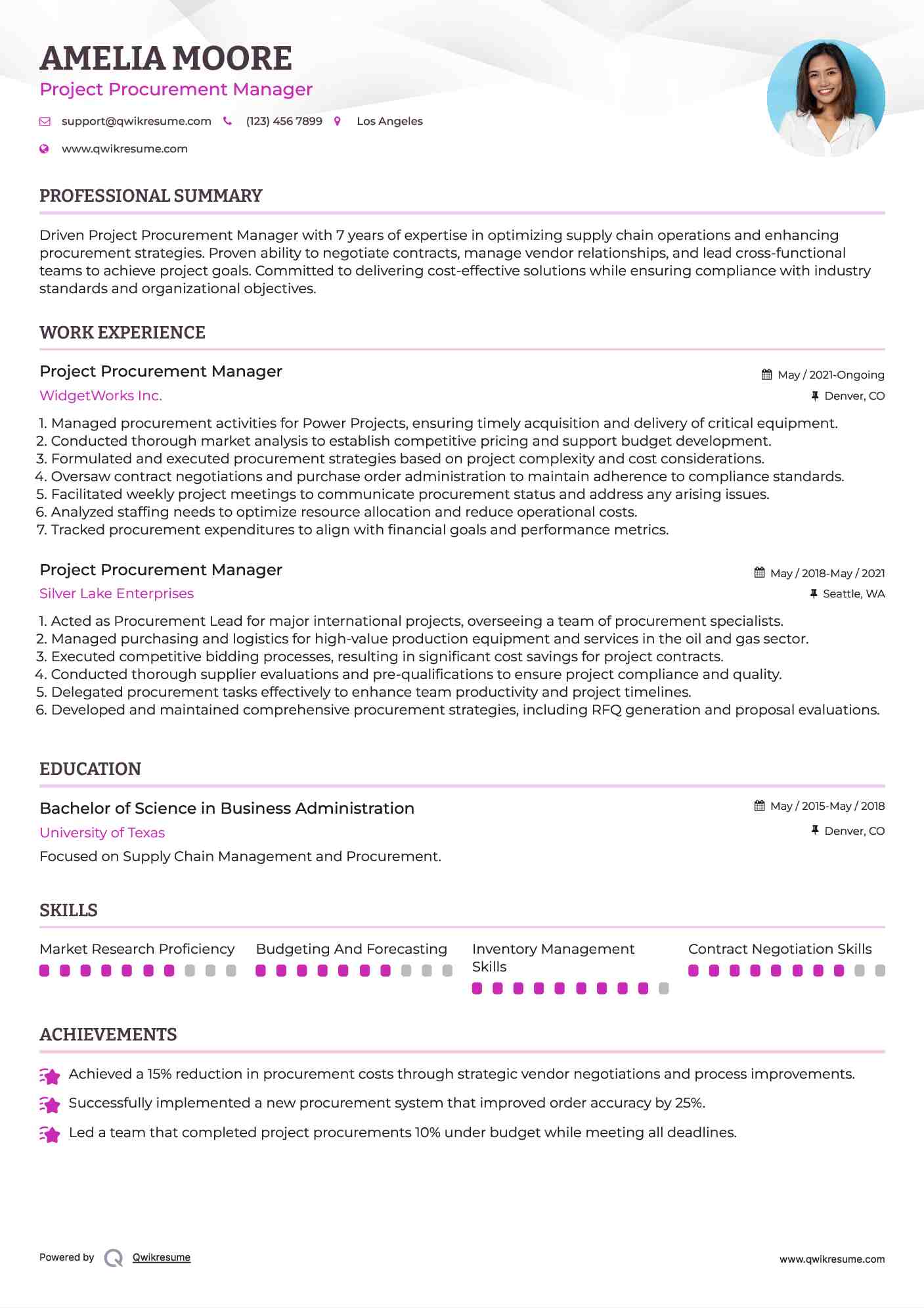 Project Procurement Manager Resume Sample