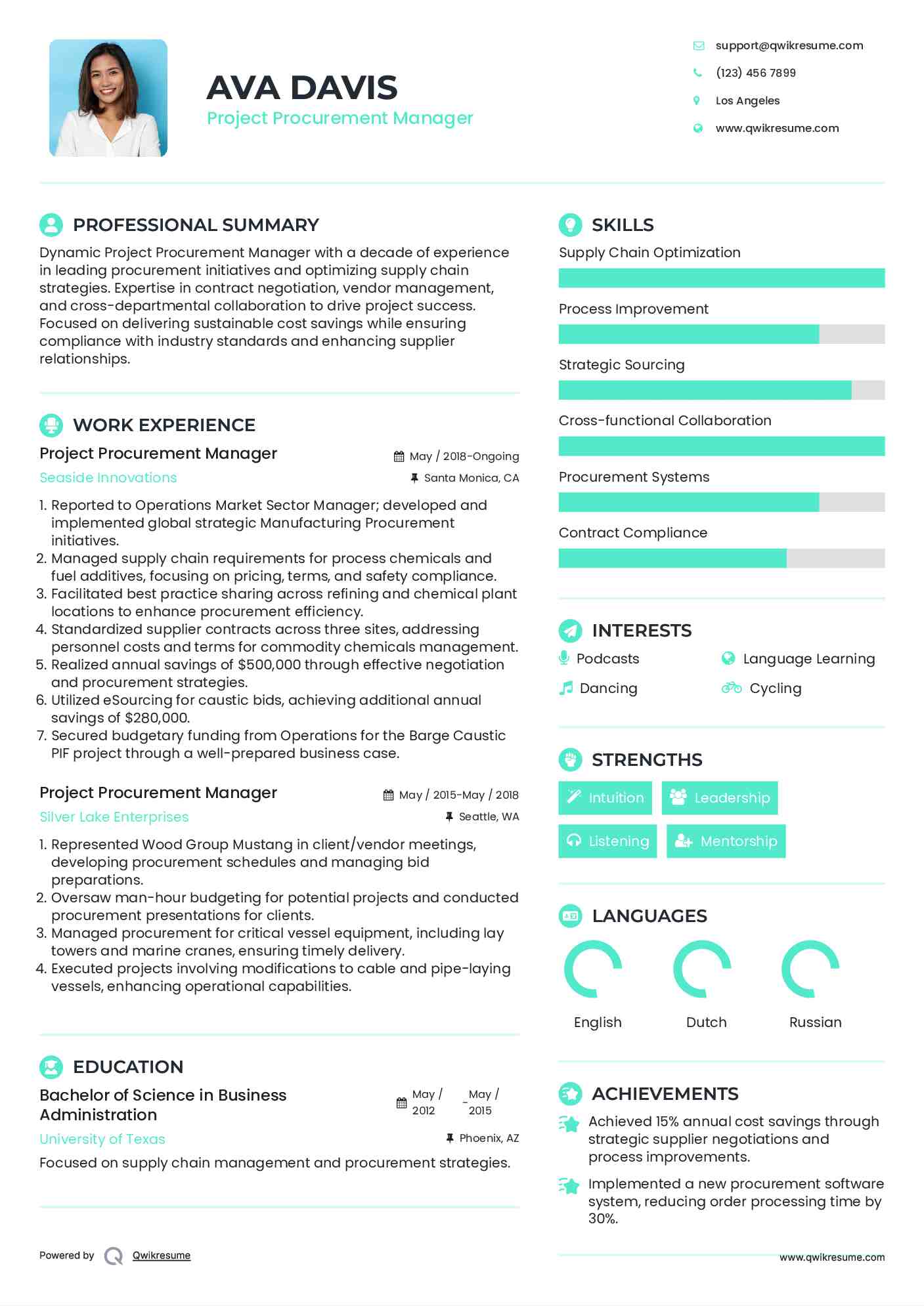 Project Procurement Manager Resume Sample
