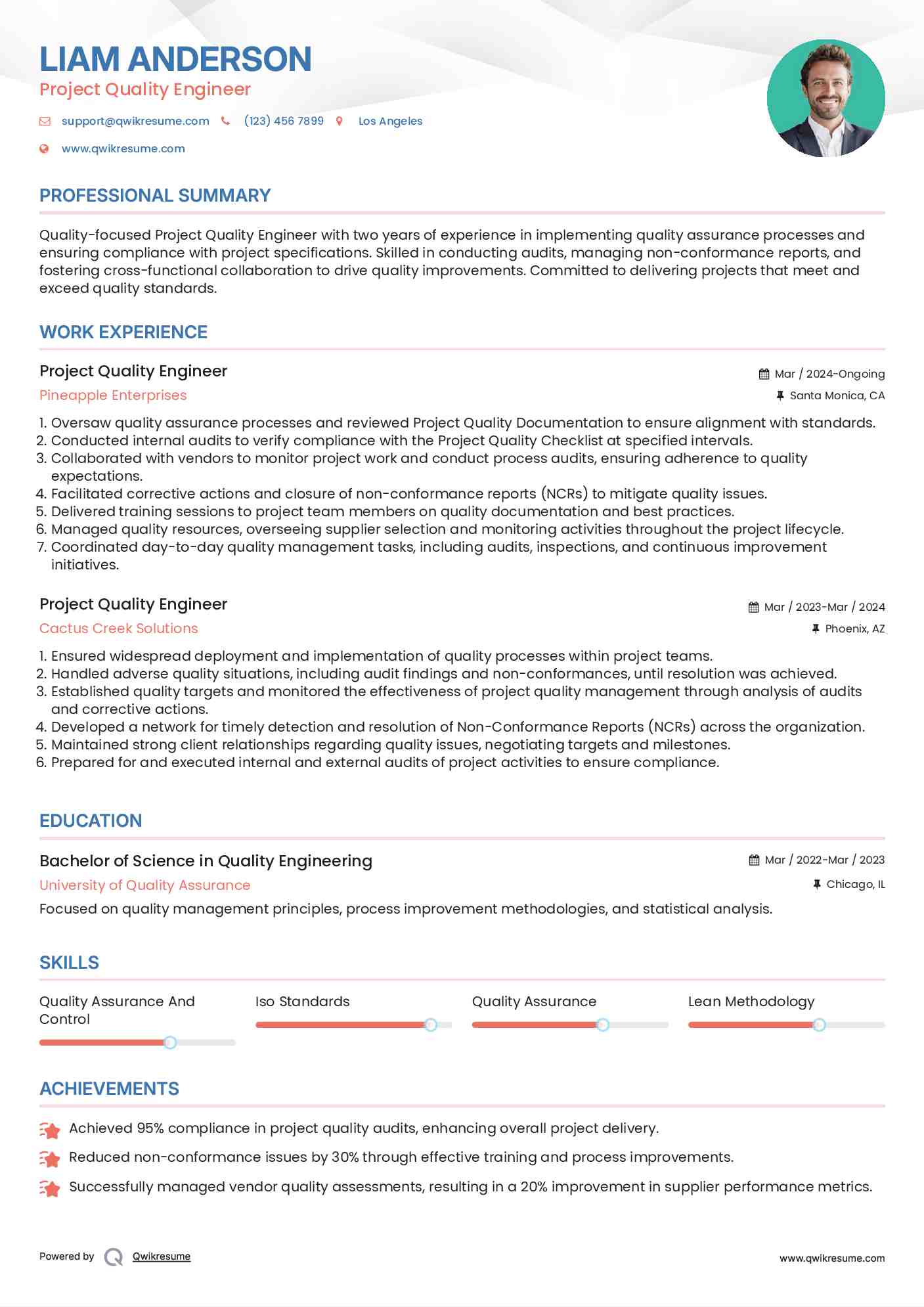 Project Quality Engineer Resume Sample