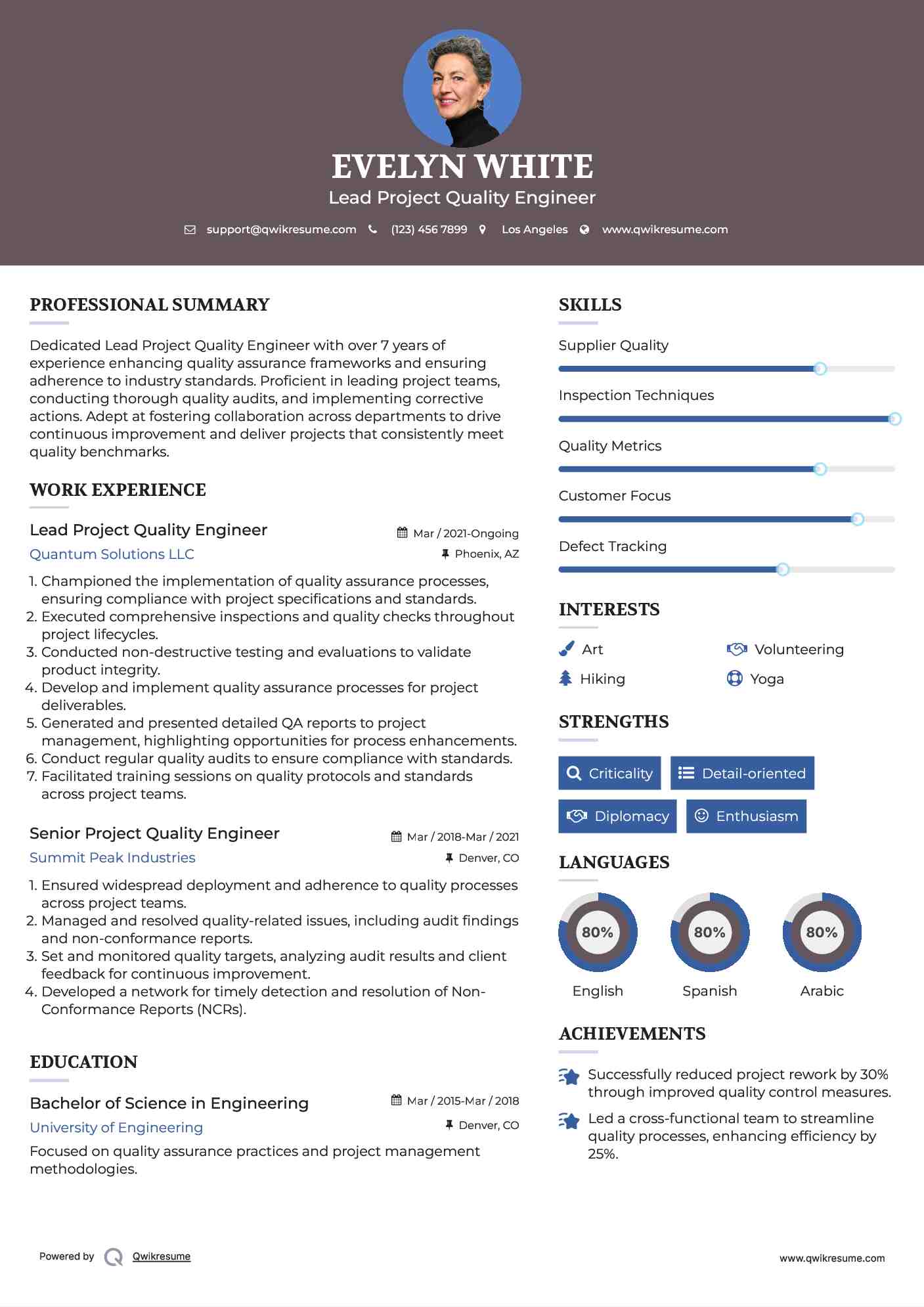 Lead Project Quality Engineer Resume Example