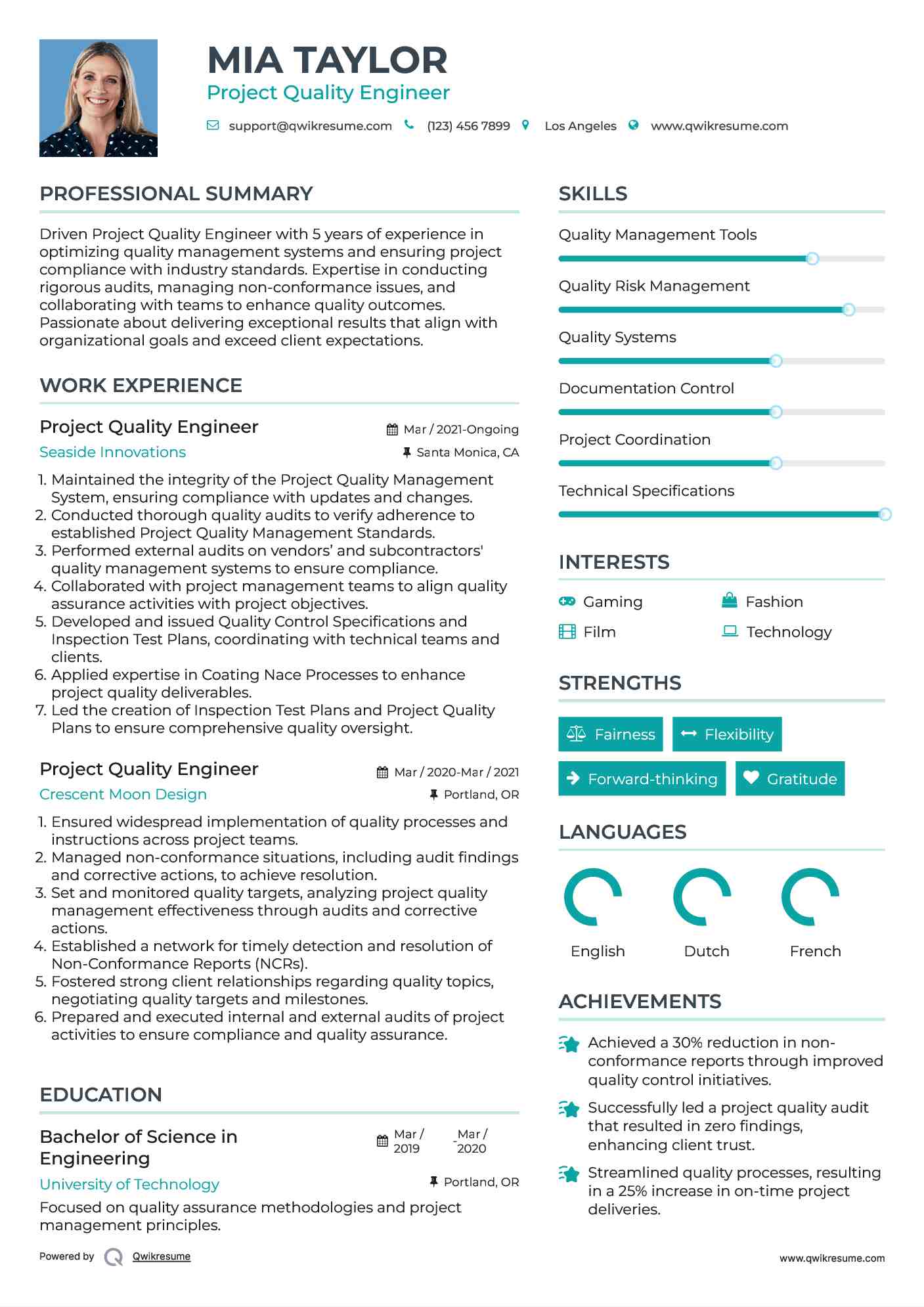 Project Quality Engineer Resume Model