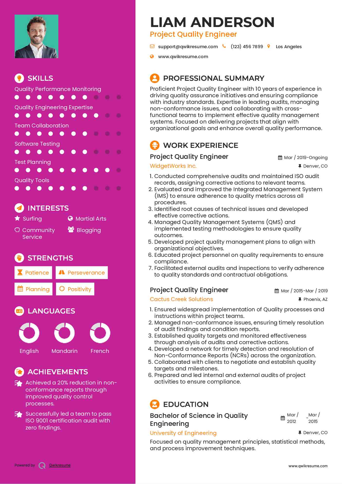 Project Quality Engineer Resume Model